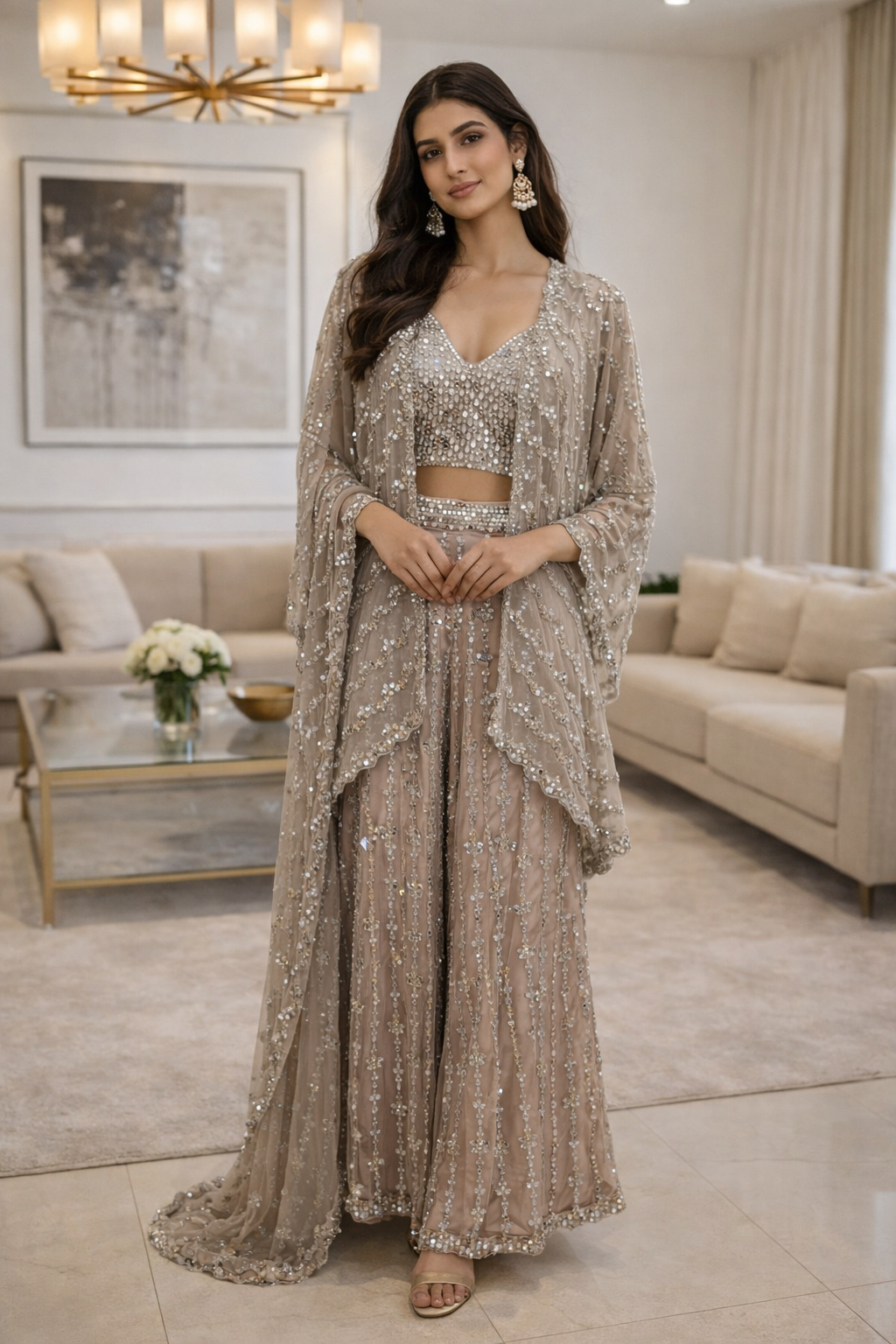 Dusty Rose Sharara Jacket With Bustier Set