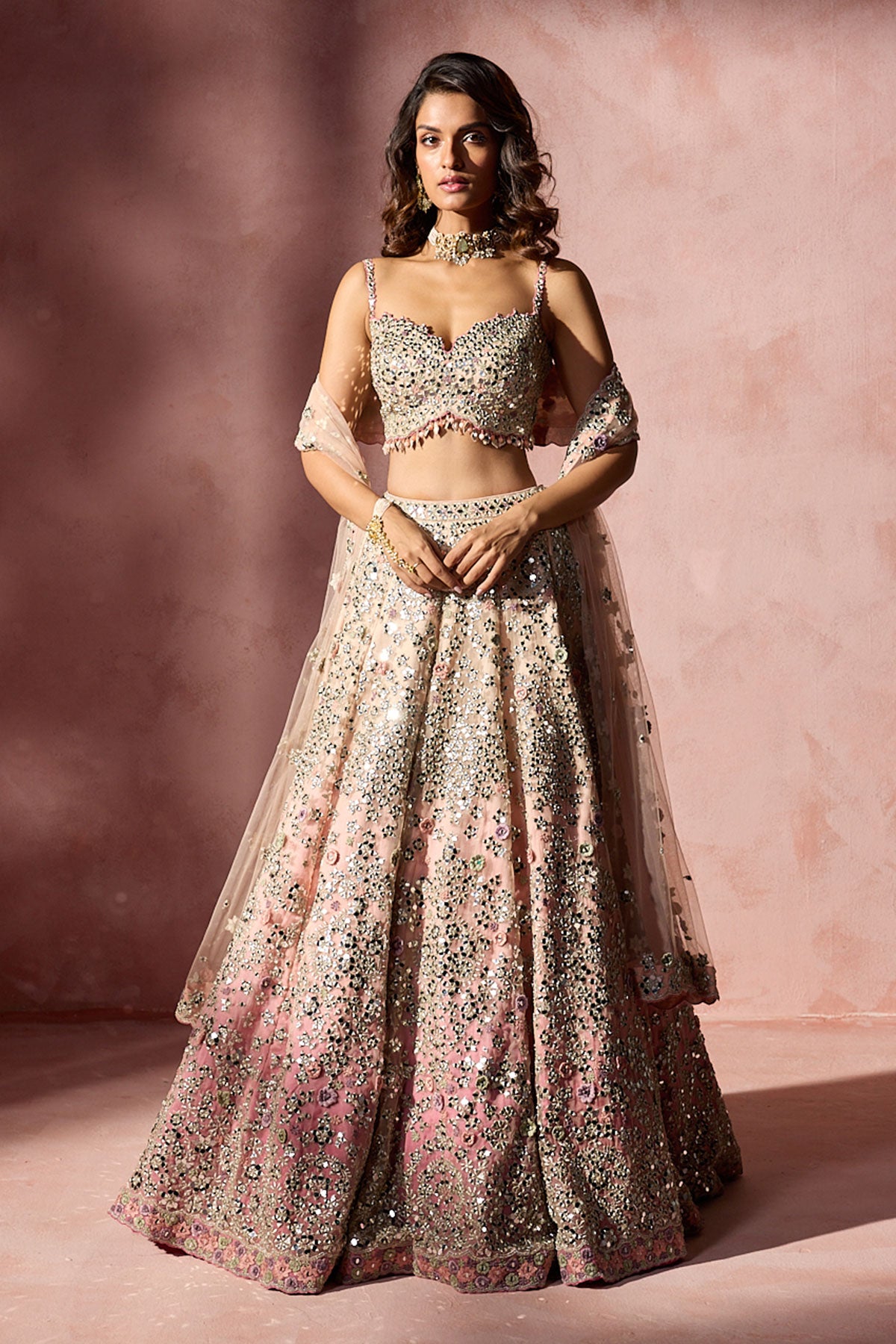 Rose Pink Ombrey Mirror Work Lehenga Set