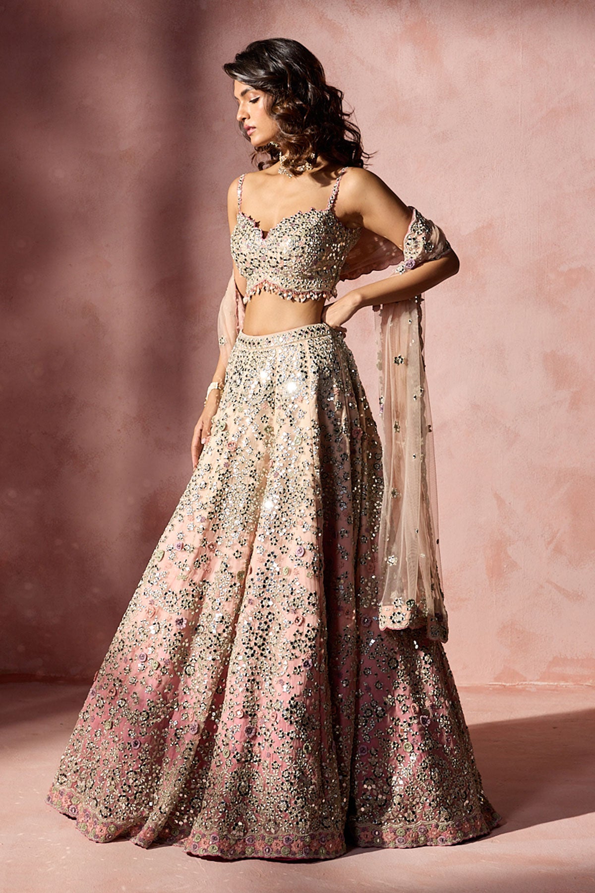 Rose Pink Ombrey Mirror Work Lehenga Set