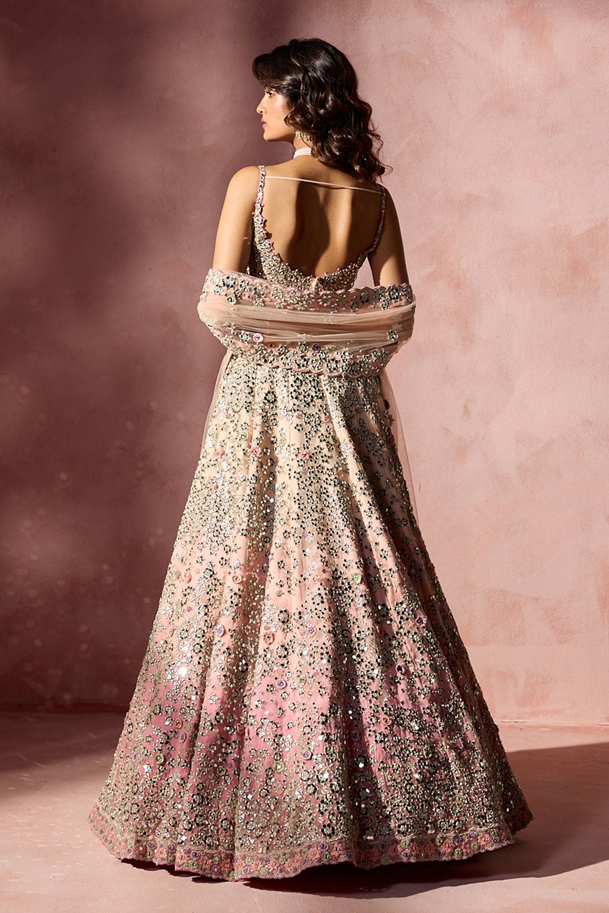 Rose Pink Ombrey Mirror Work Lehenga Set