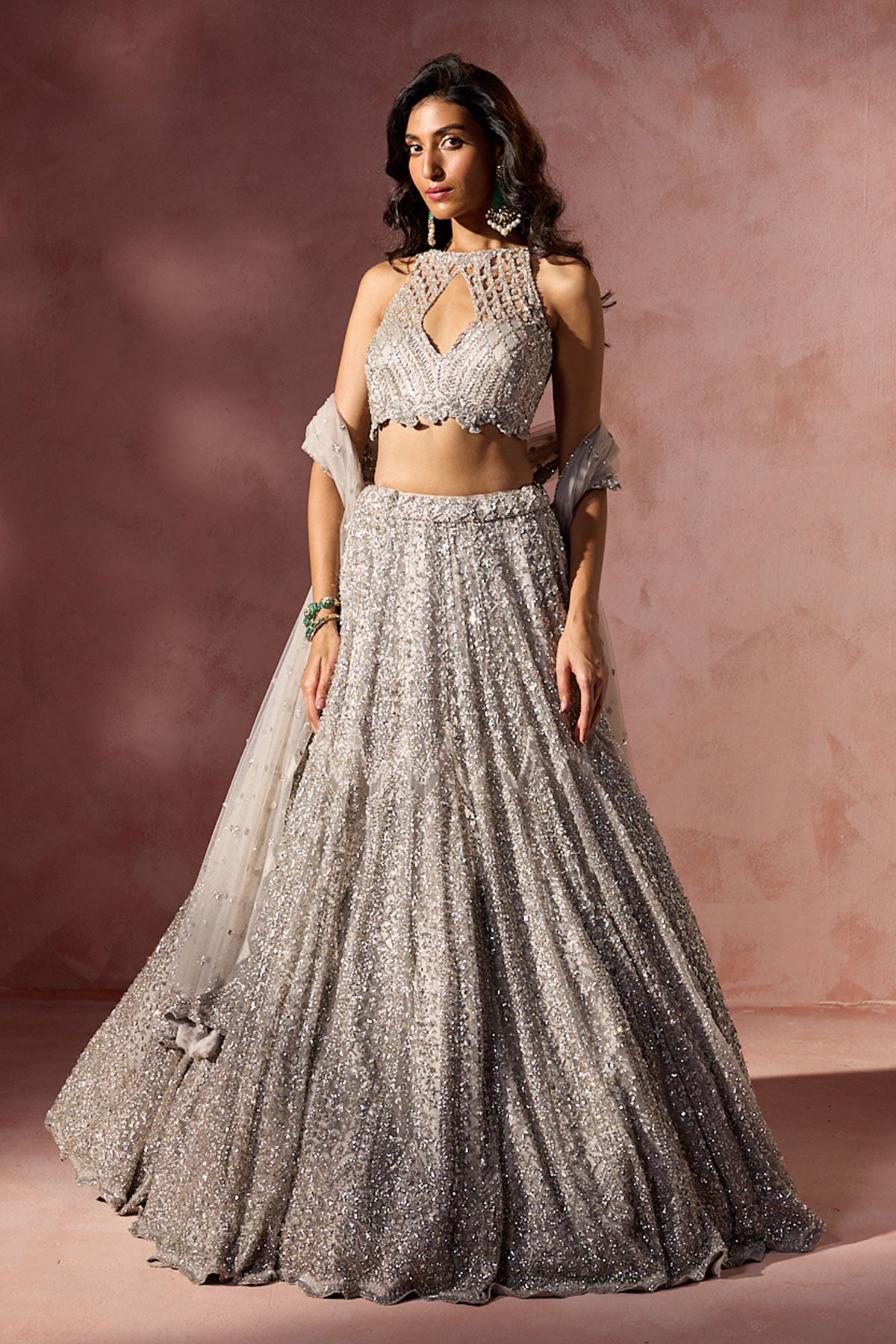 Silver Grey Net Lehenga Set