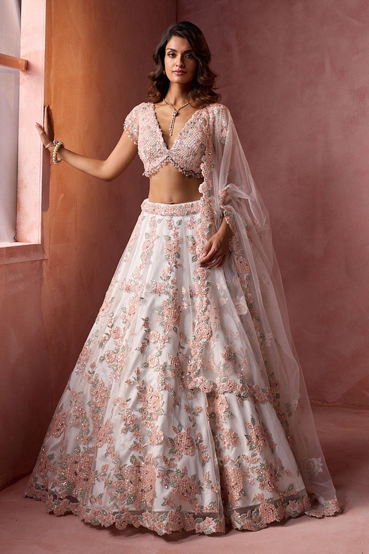 White Net With Leather Applique Lehenga Set