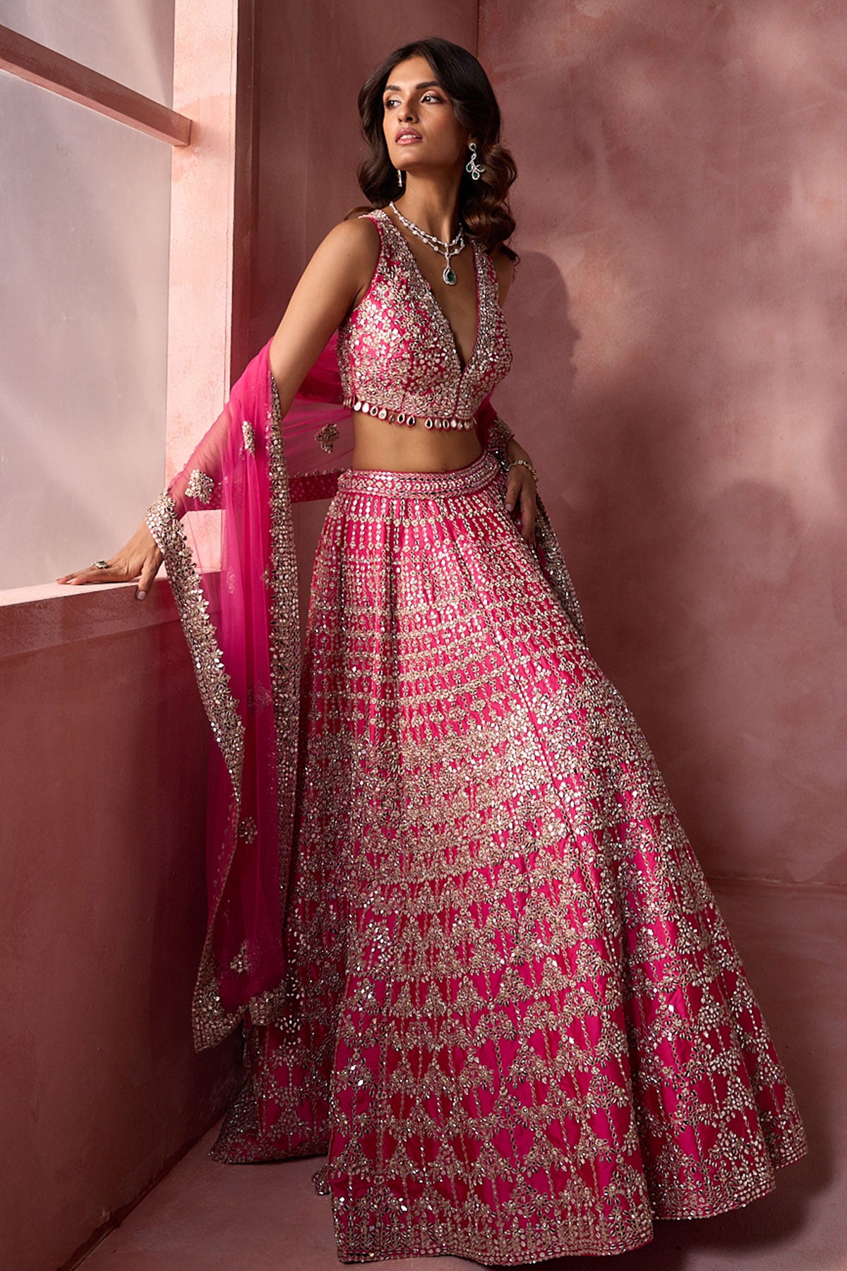 Fuchsia Pink Taffeta Lehenga Set