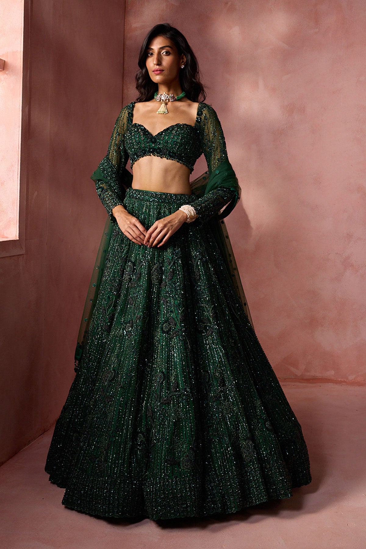 Bottle Green Net Lehenga Set