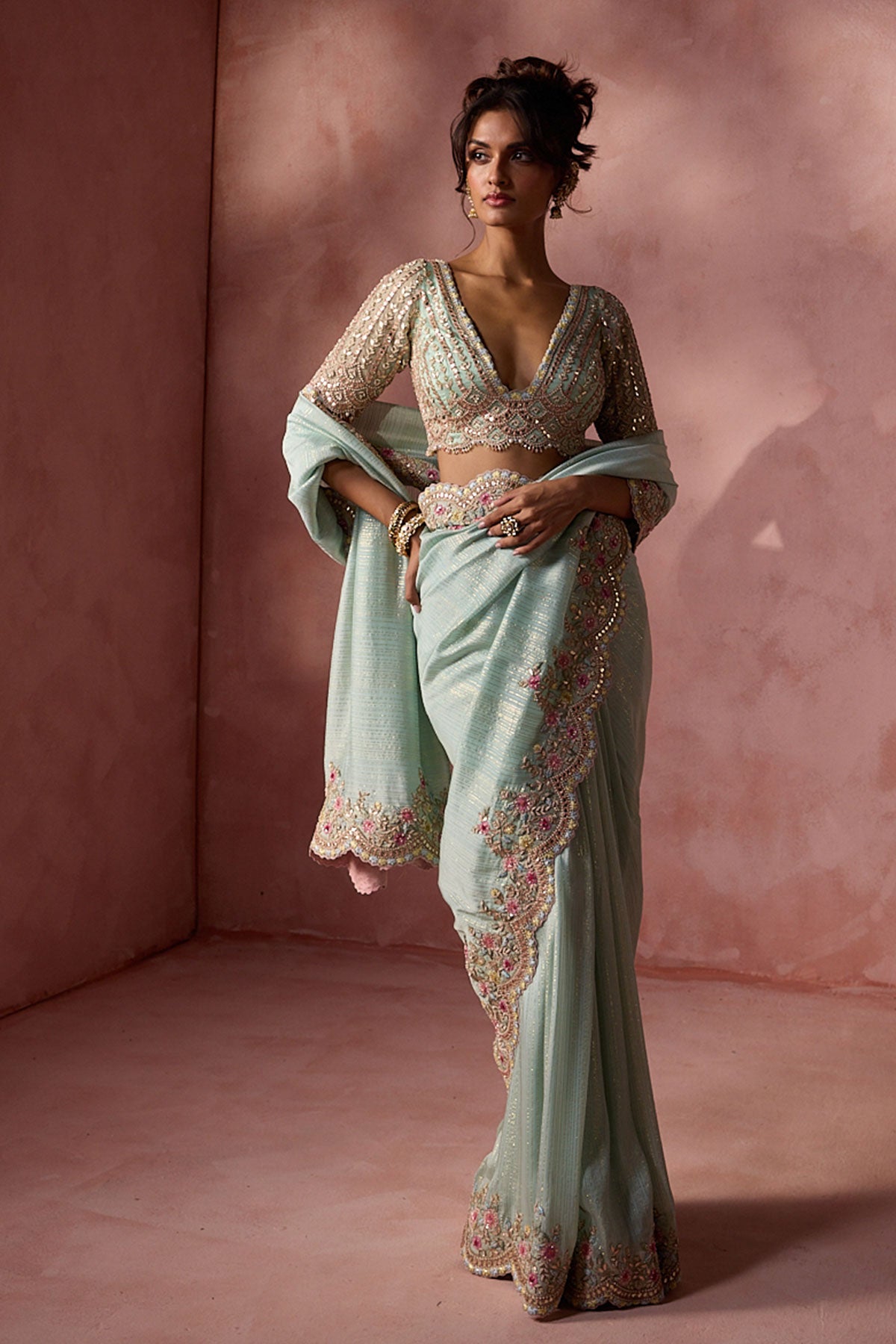Aqua Lurex Georgette Saree Set