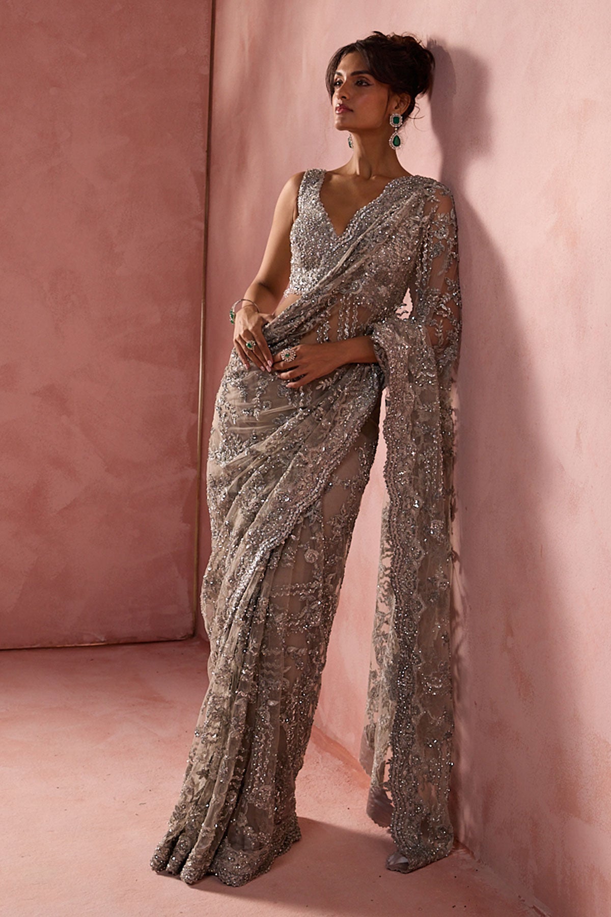 Silver Grey Net Saree Set With Silver Work