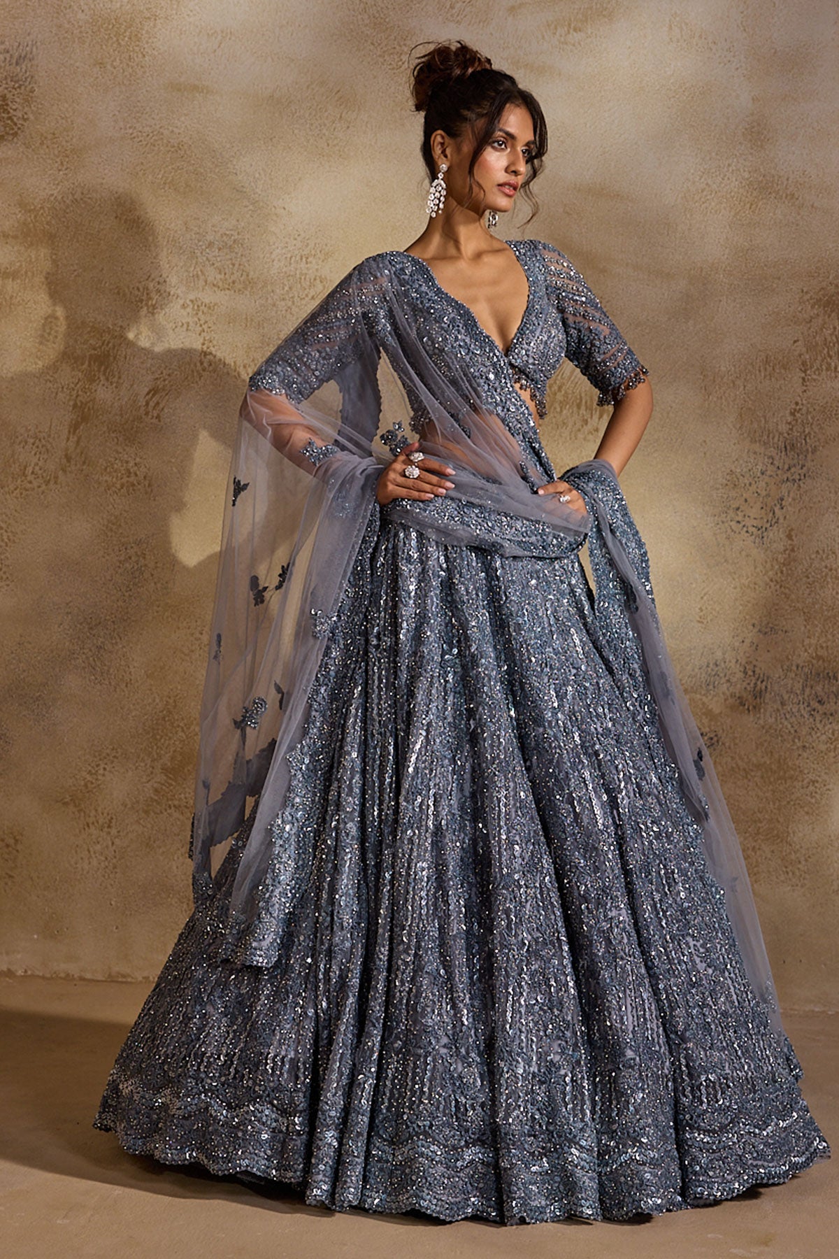 Stone Grey Net Lehenga Set