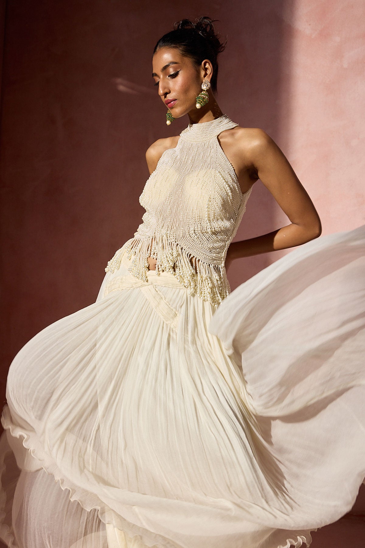 Ivory Pleated Skirt And Halter Set