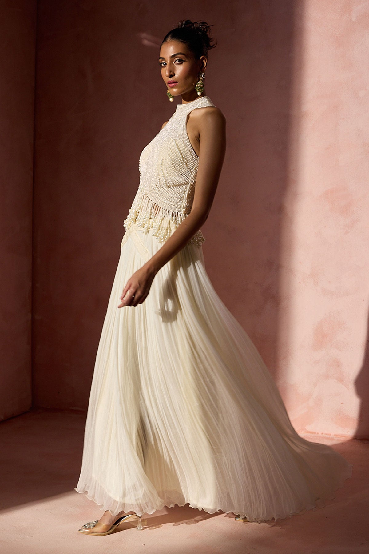 Ivory Pleated Skirt And Halter Set