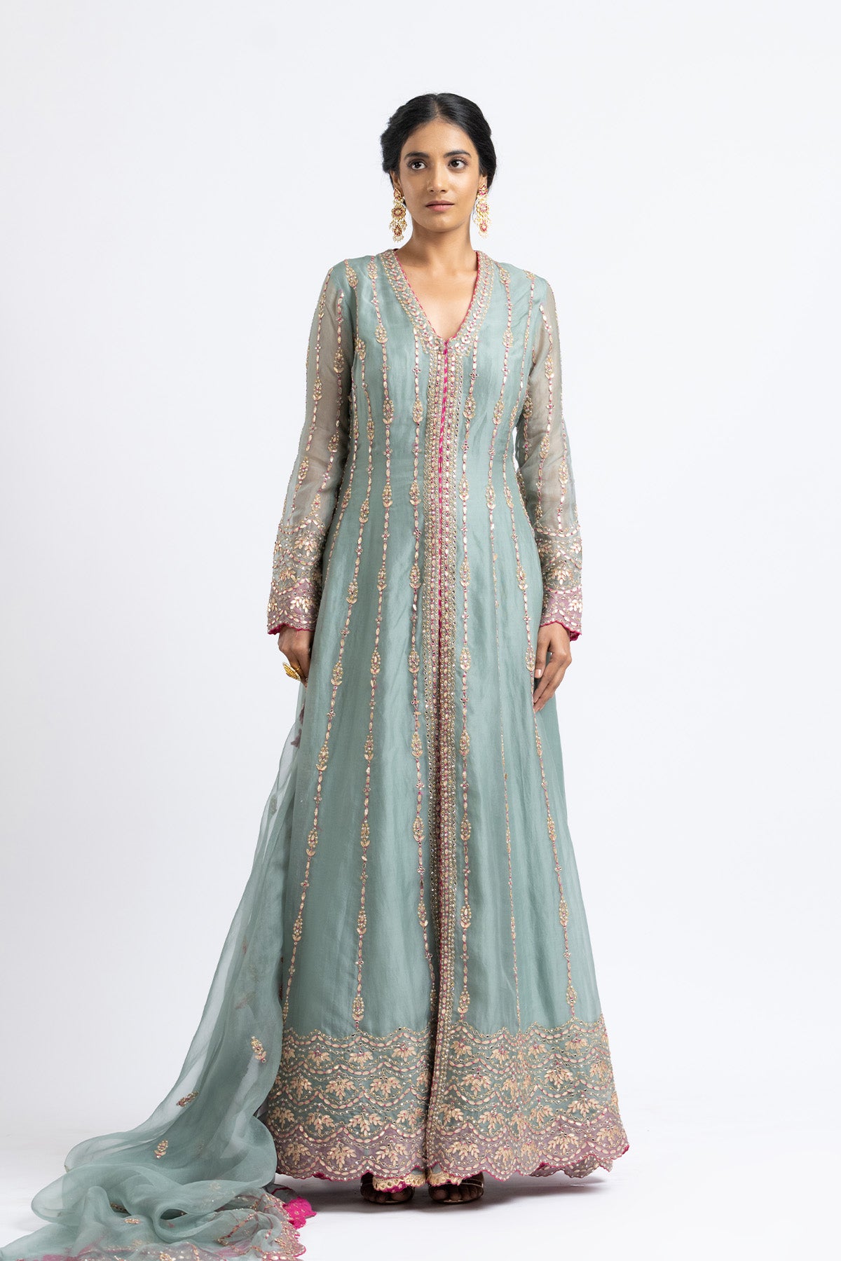 Jade Green Organza Jacket And Sharara Gota Work