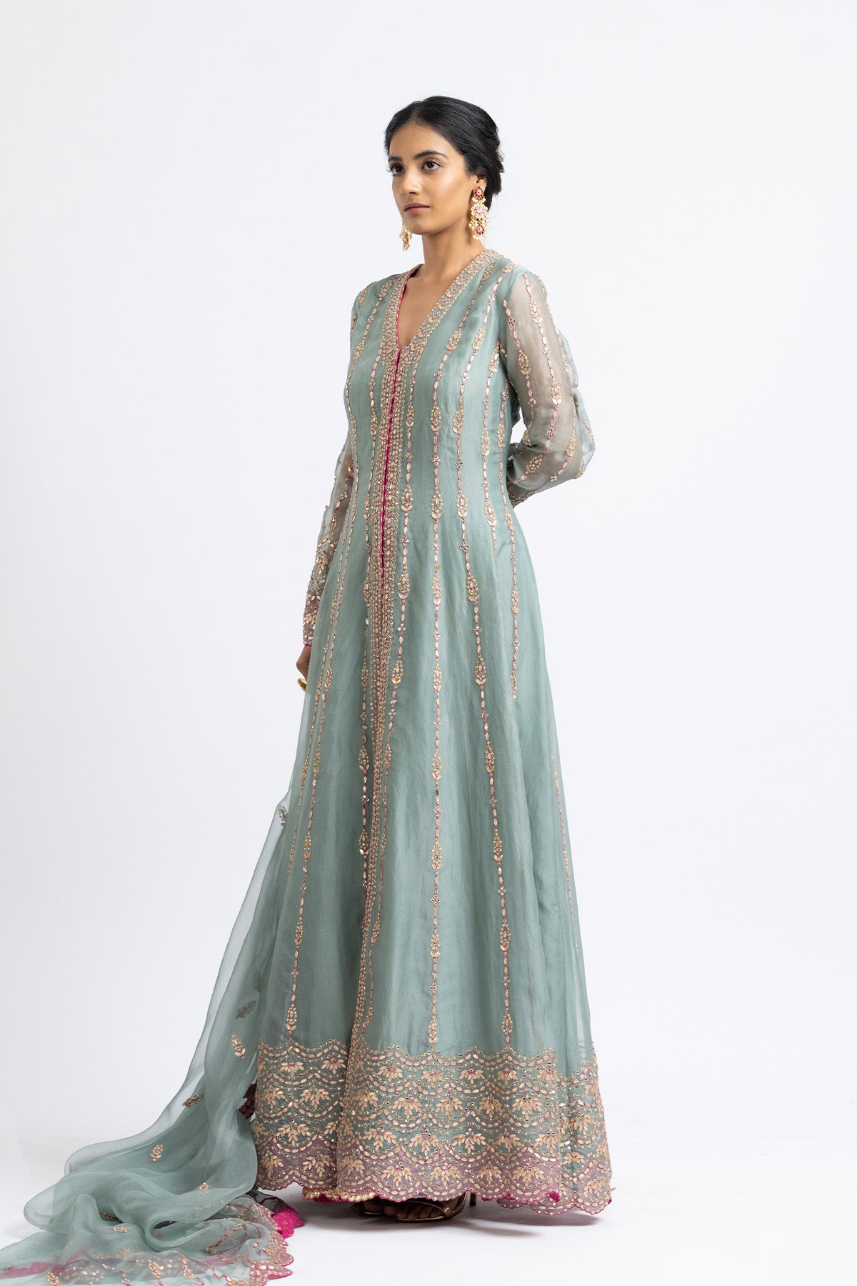 Jade Green Organza Jacket And Sharara Gota Work