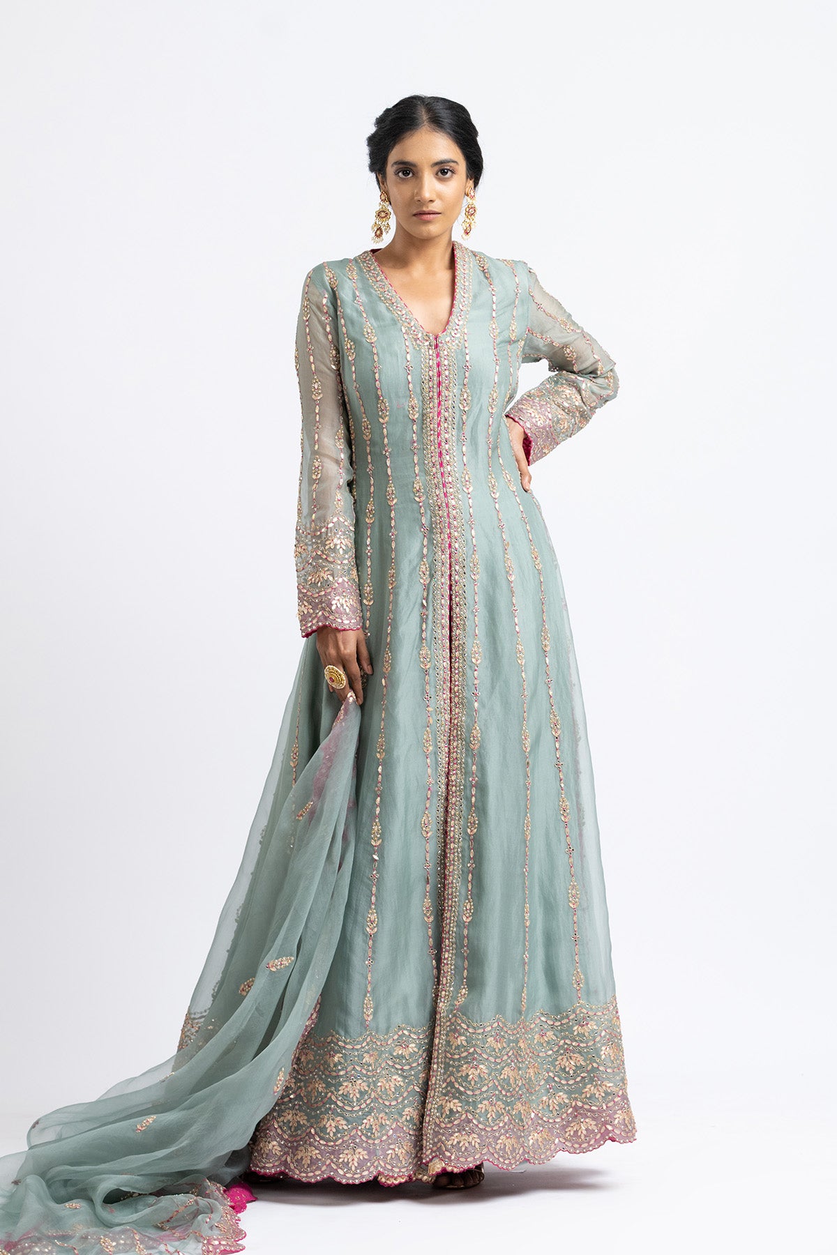 Jade Green Organza Jacket And Sharara Gota Work
