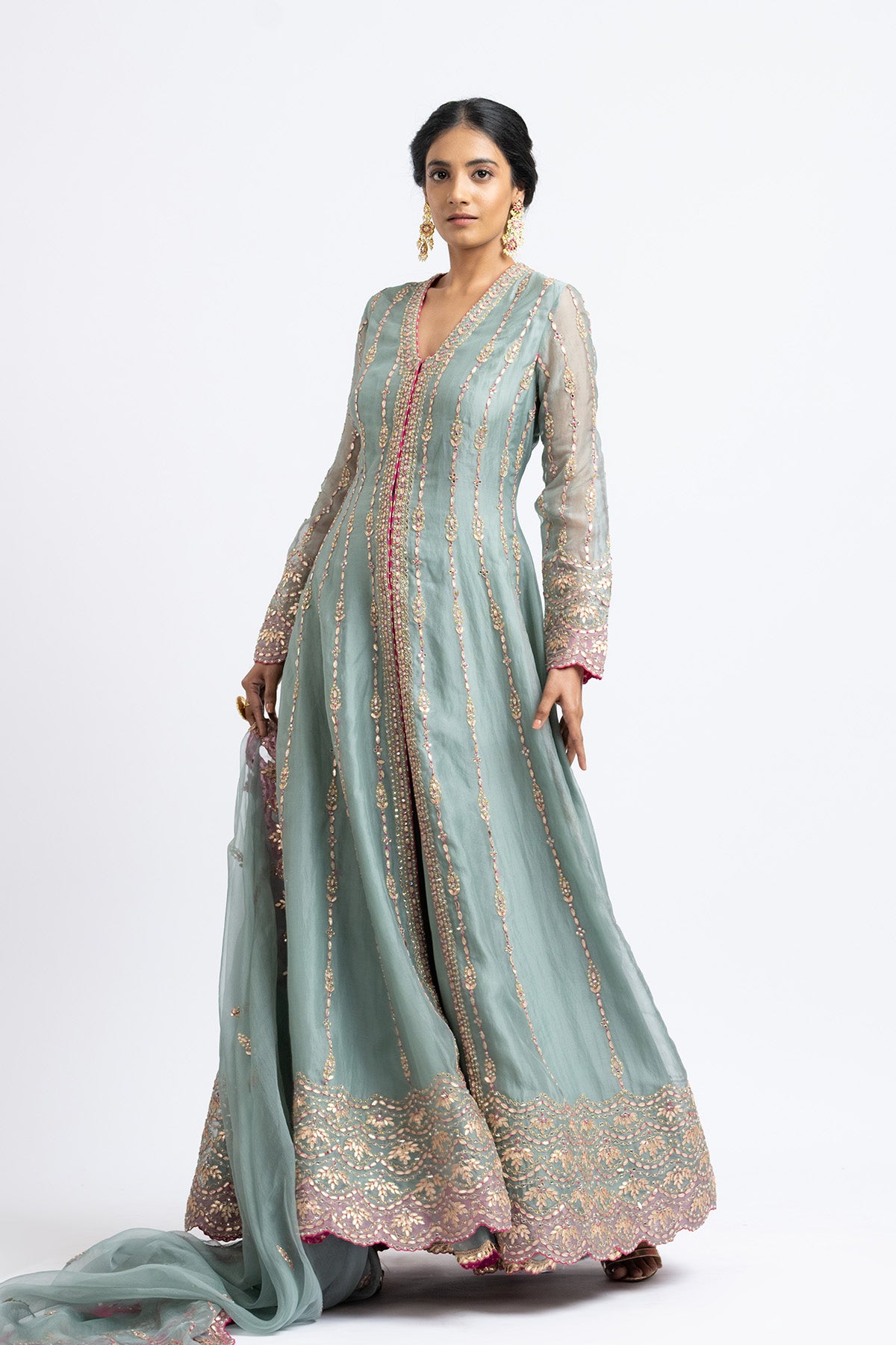 Jade Green Organza Jacket And Sharara Gota Work