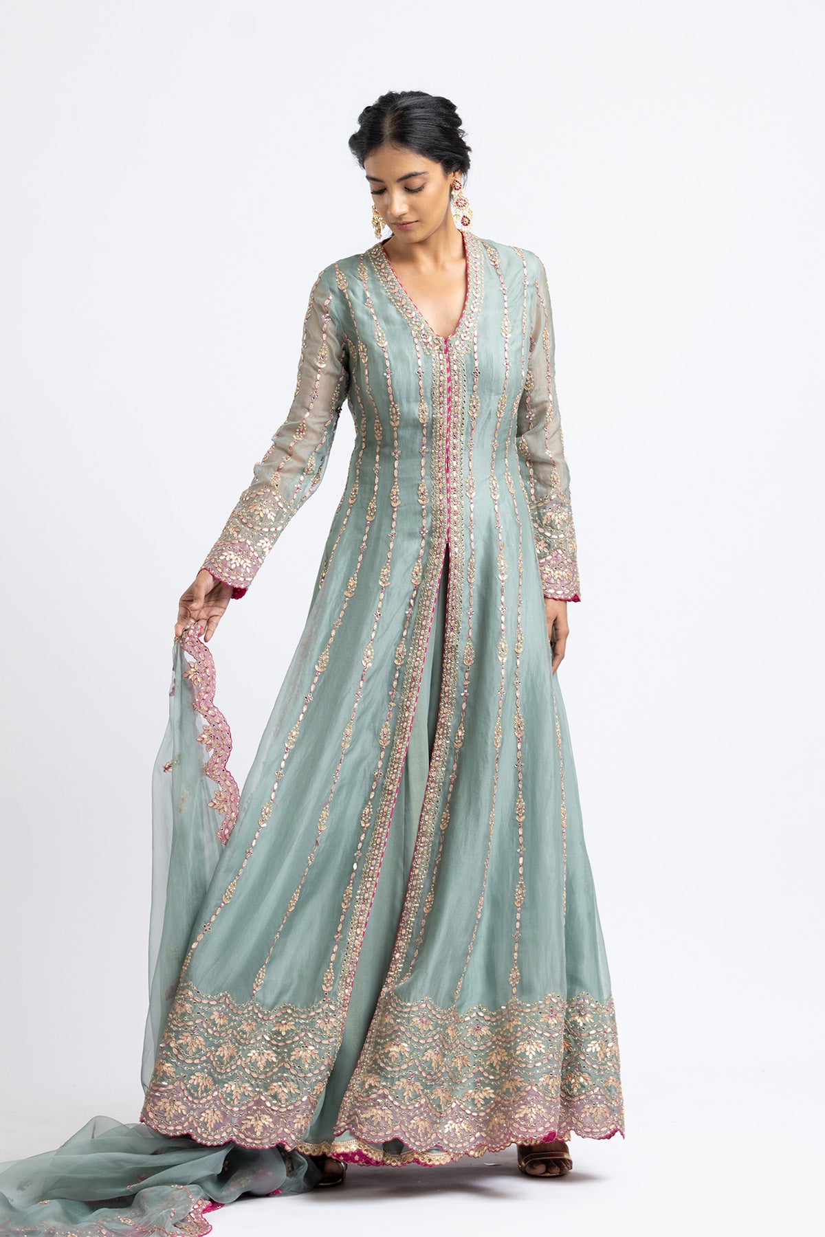 Jade Green Organza Jacket And Sharara Gota Work