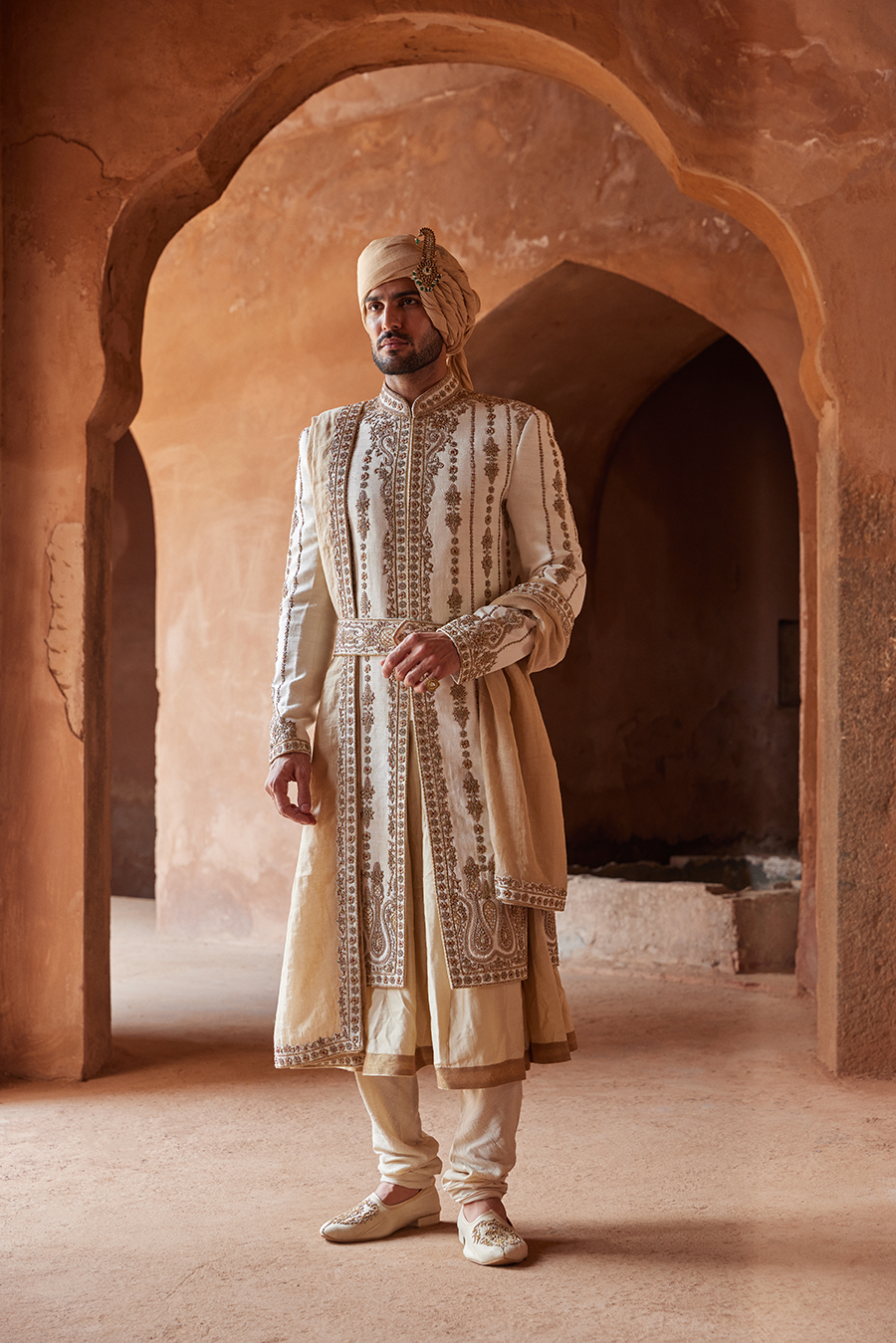 IVORY MATKA SILK ZARDOZI EMBROIDERED SHERWANI KURTA CHURIDAR SET