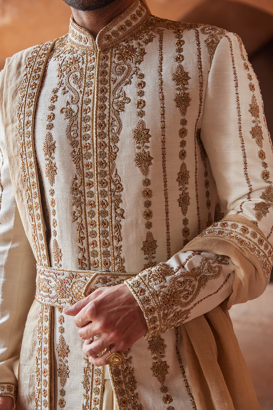 IVORY MATKA SILK ZARDOZI EMBROIDERED SHERWANI KURTA CHURIDAR SET