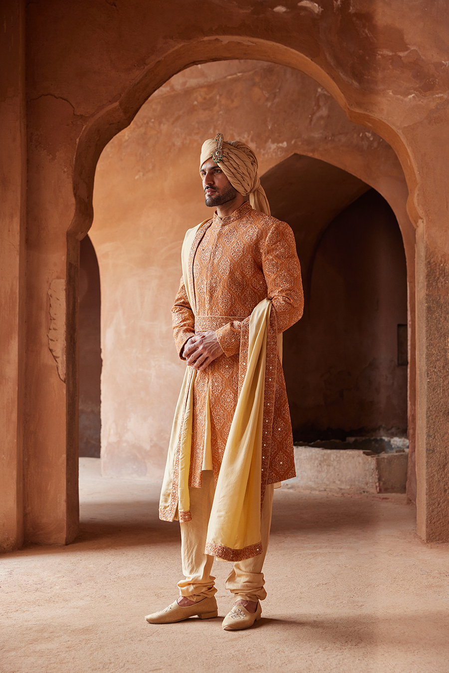 RUST MATKA SILK EMBROIDERED SHERWANI KURTA CHURIDAR SET