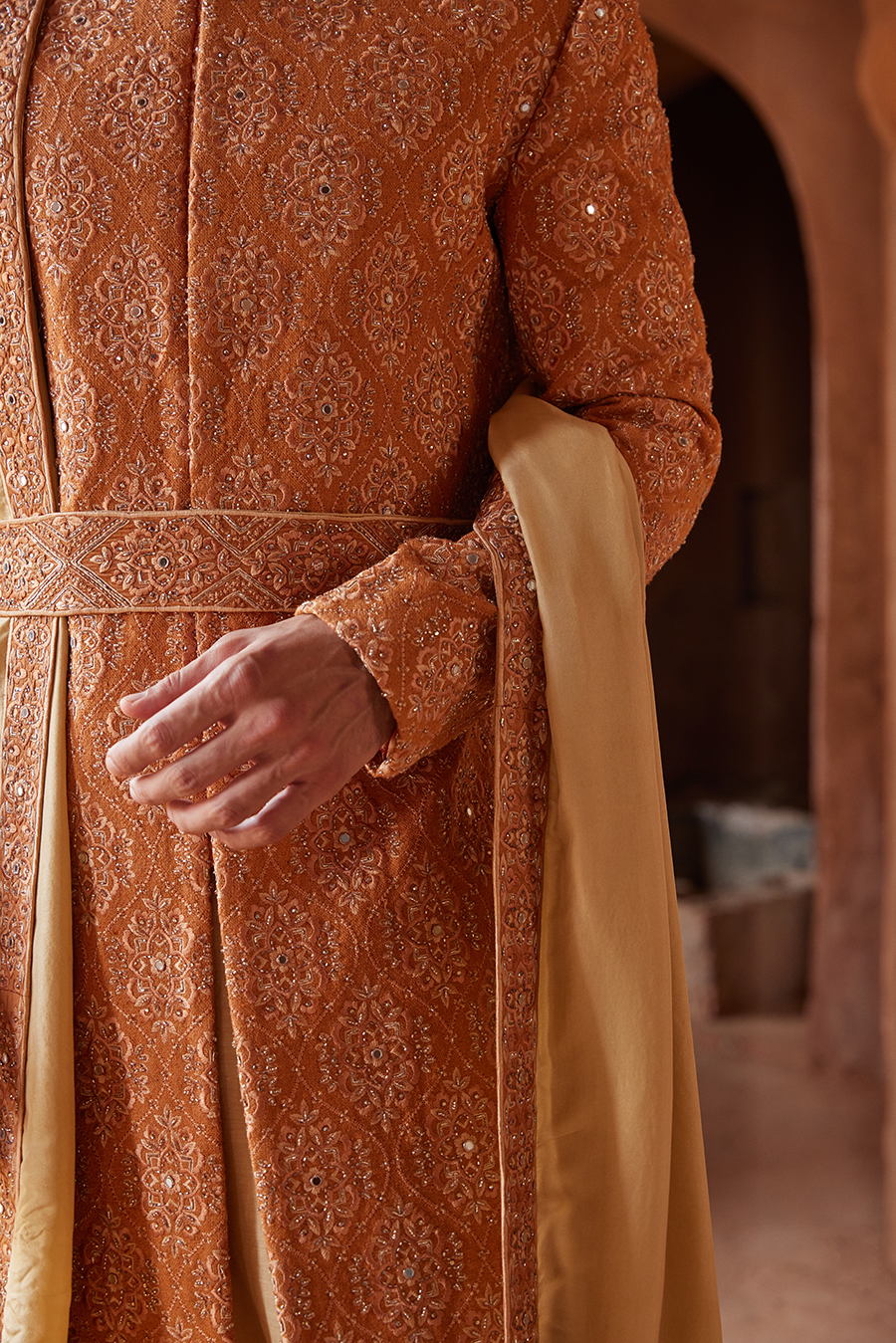 RUST MATKA SILK EMBROIDERED SHERWANI KURTA CHURIDAR SET