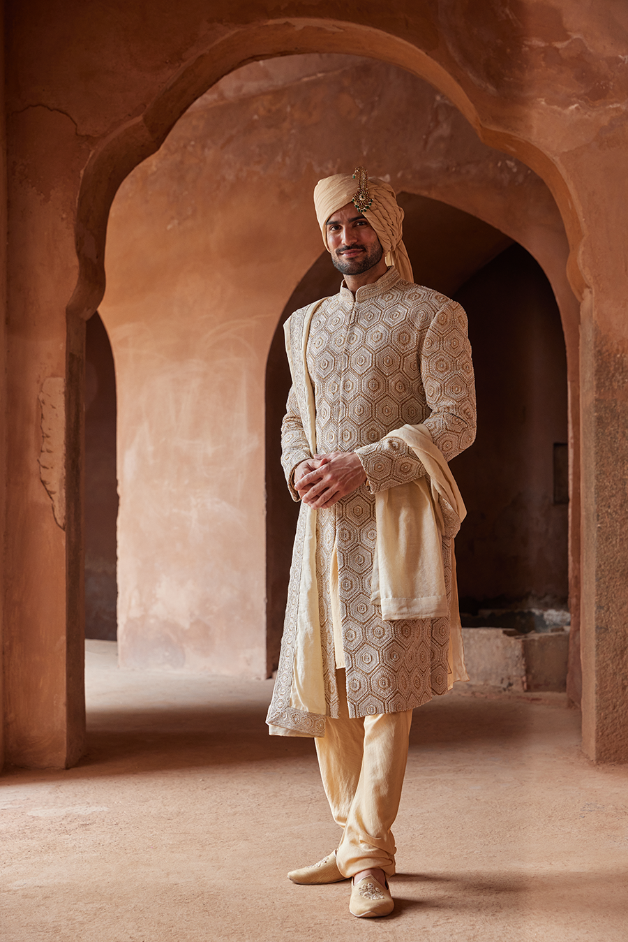 MUSTARD MATKA SILK EMBROIDERED SHERWANI KURTA CHURIDAR SET