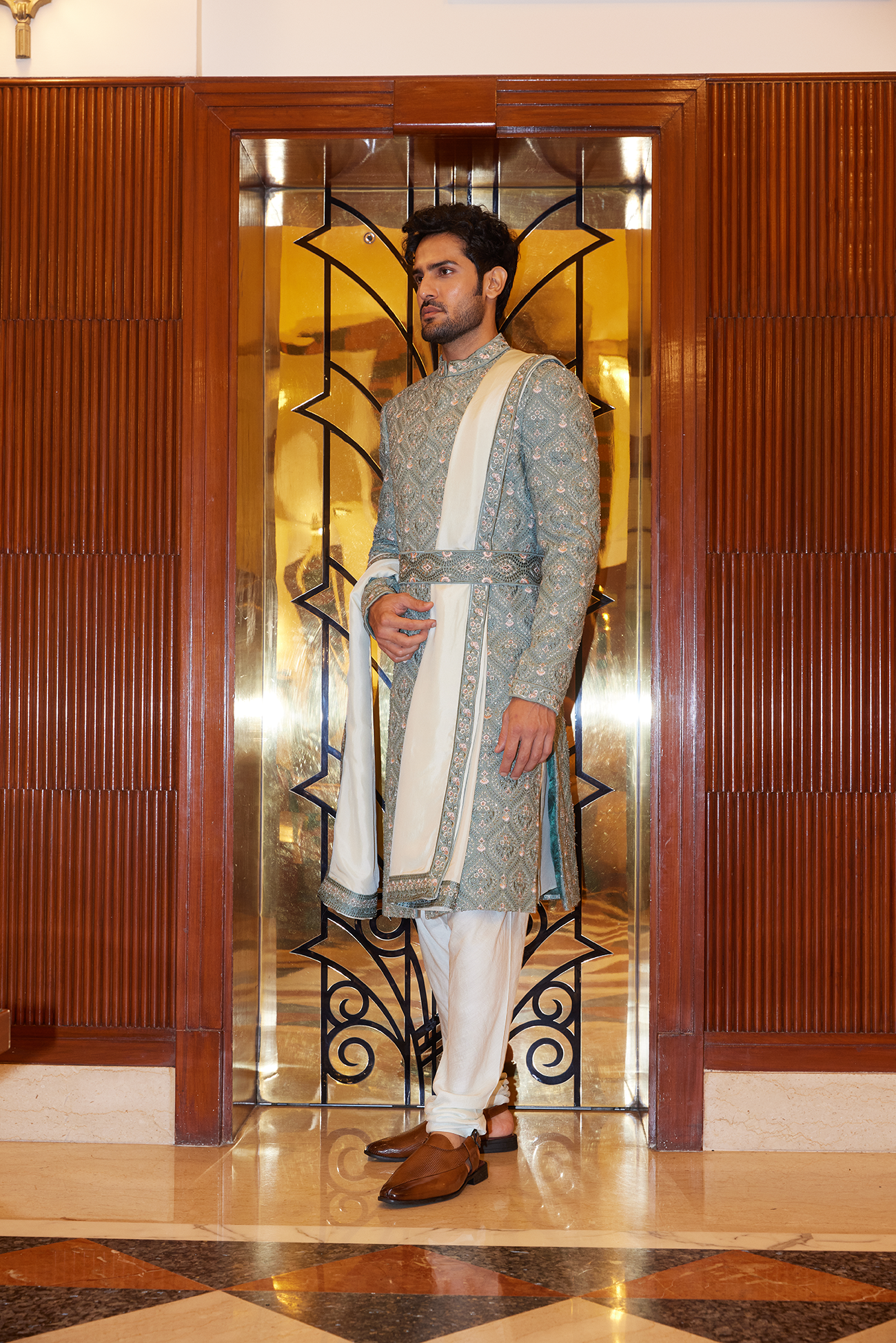 SAGE GREEN MATKA SILK SHERWANI KURTA CHURIDAR SET