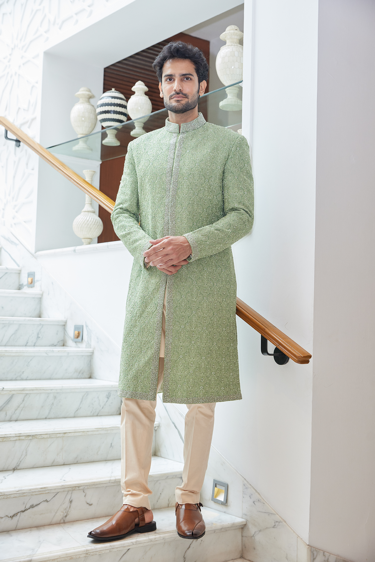 MINT GREEN RAW SILK SHERWANI KURTA TROUSER SET
