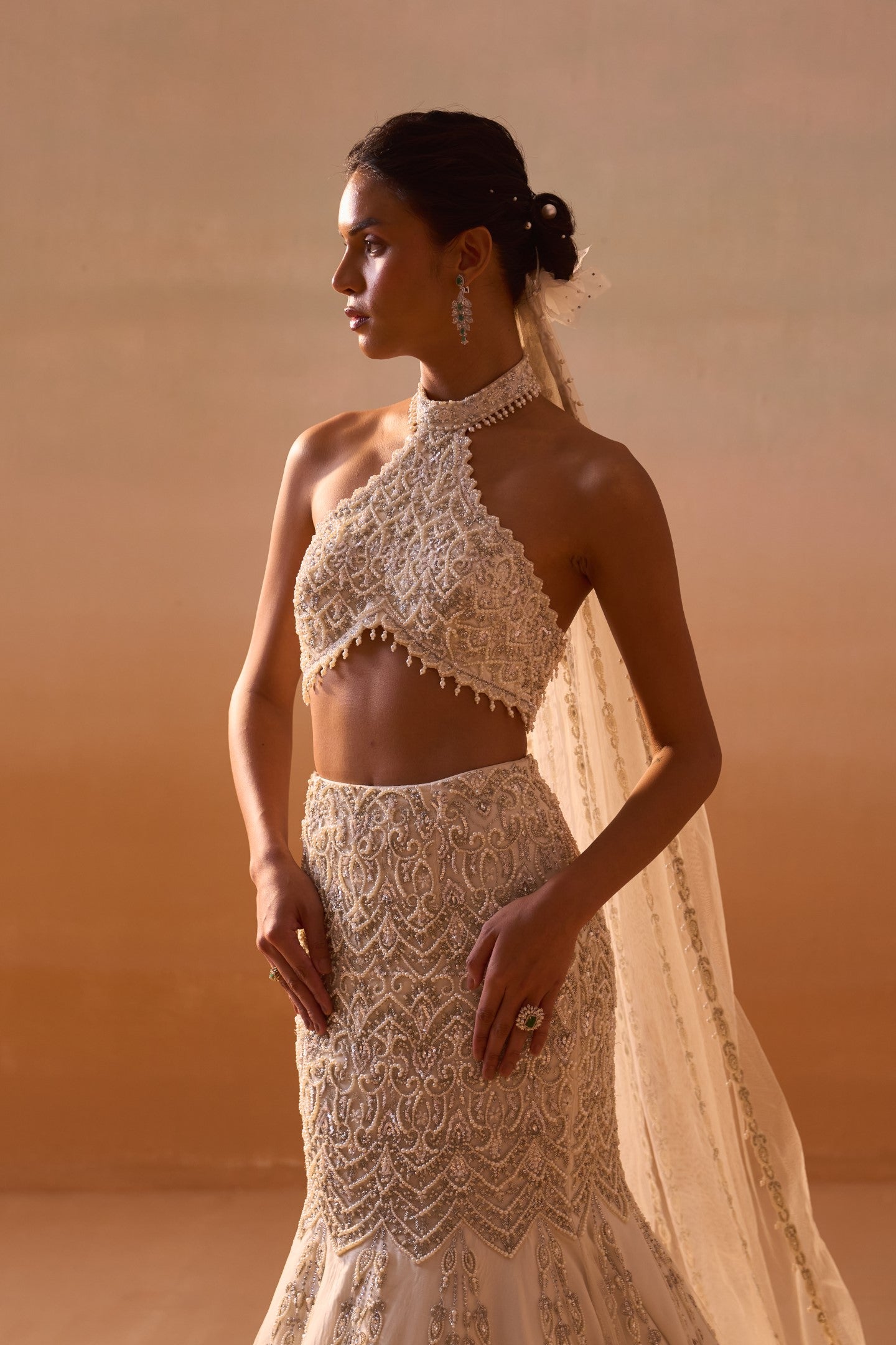 Amna Sharif In IVORY FISHTAILED SKIRT WITH PEARL WORK