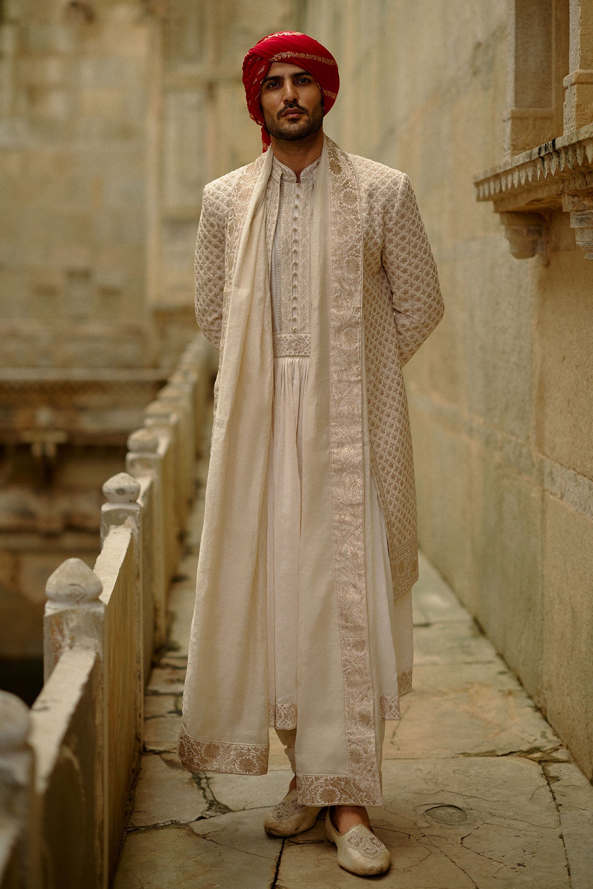 Cream Sherwani Jacket With Choga And Churidar Set