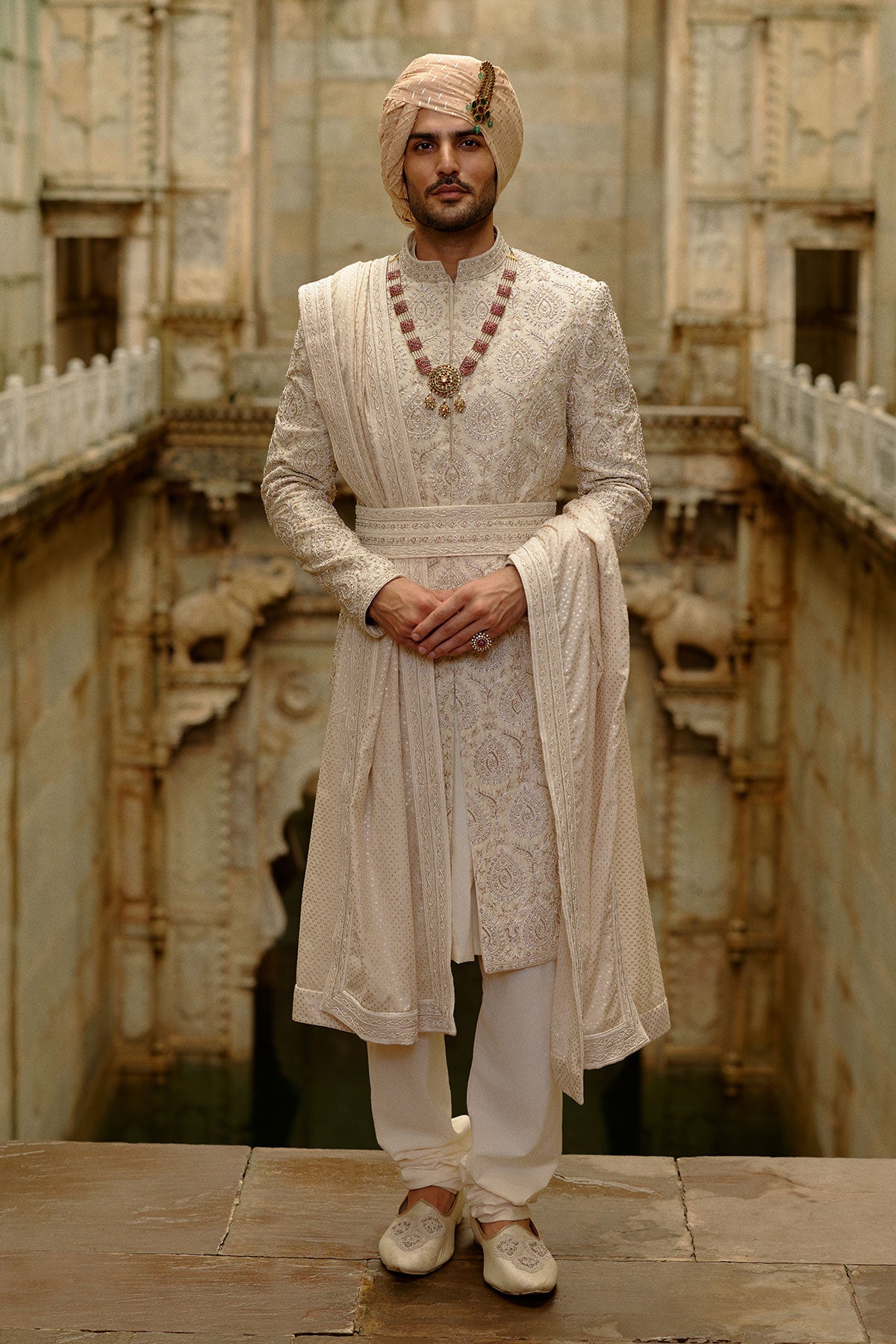 Light Beige Raw Silk Sherwani Set