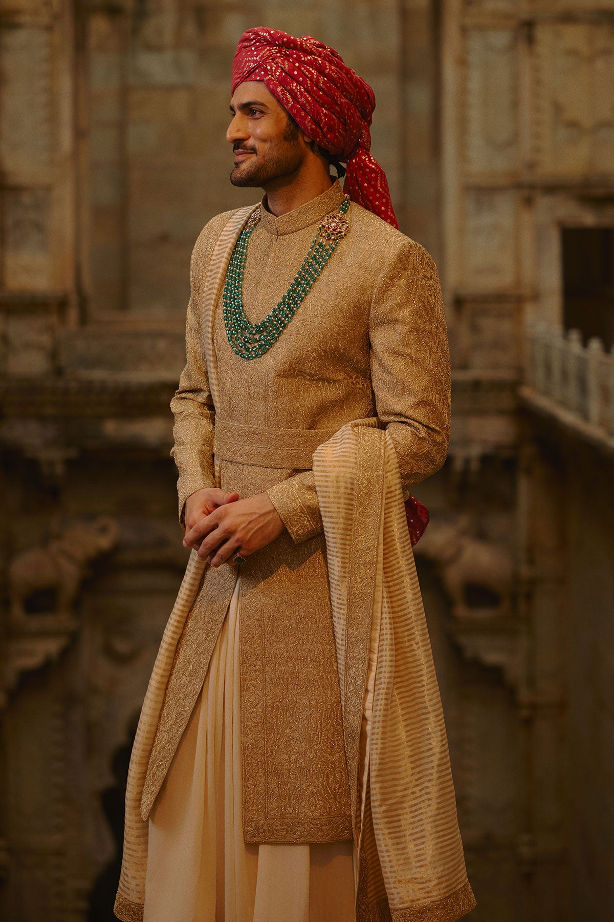 Gold Tussar Sherwani with Choga and Churidar
