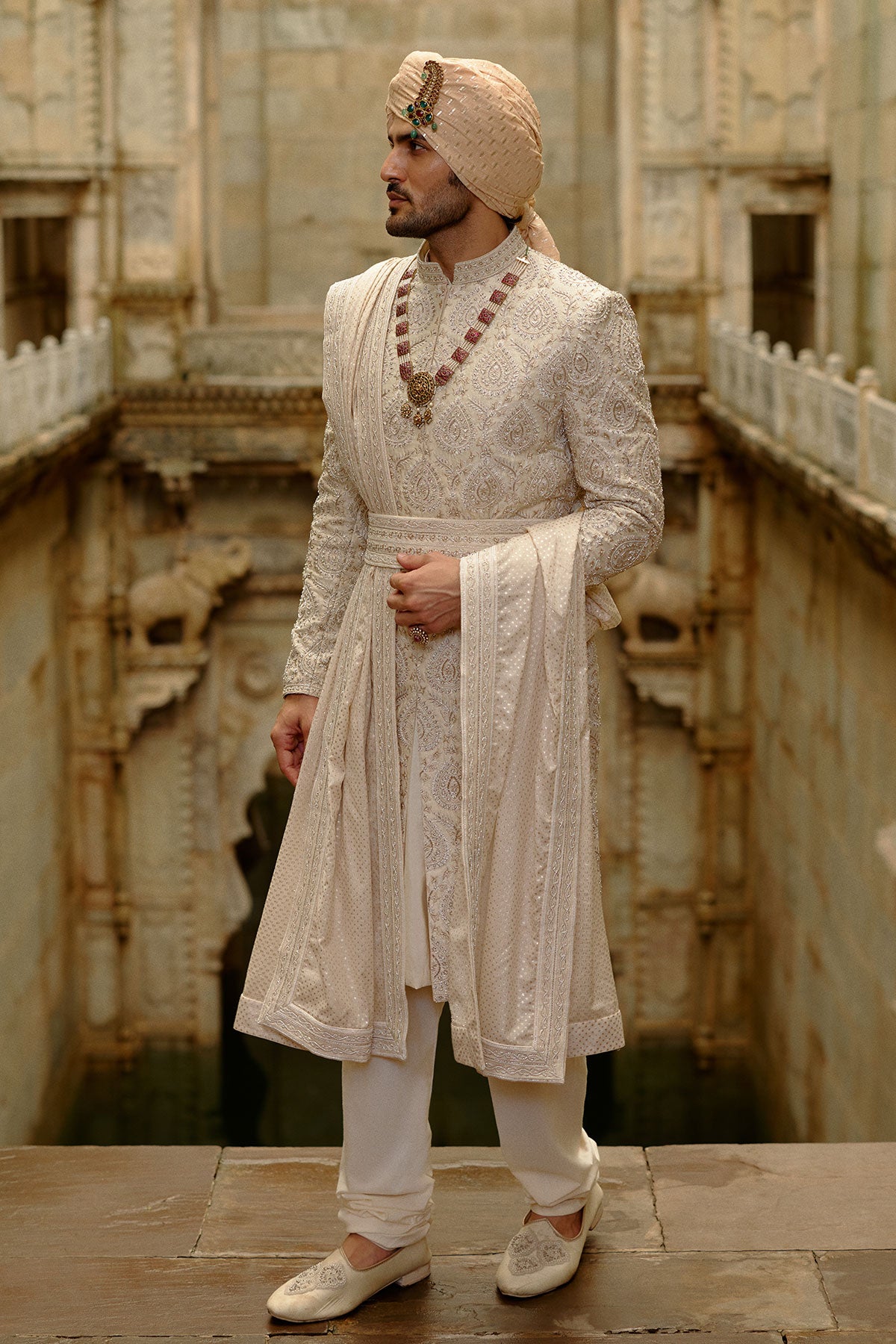 Light Beige Raw Silk Sherwani Set