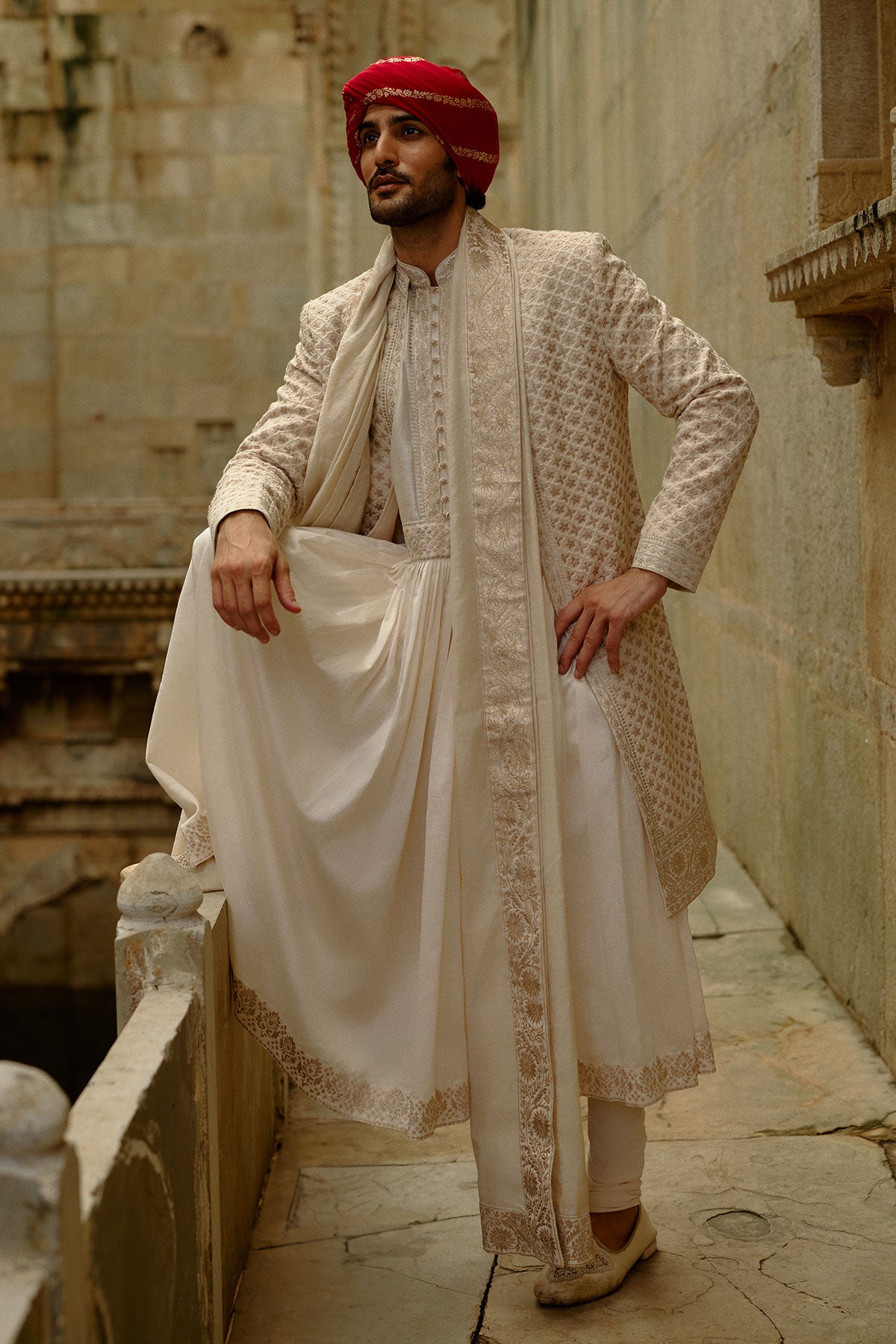 Cream Sherwani Jacket With Choga And Churidar Set