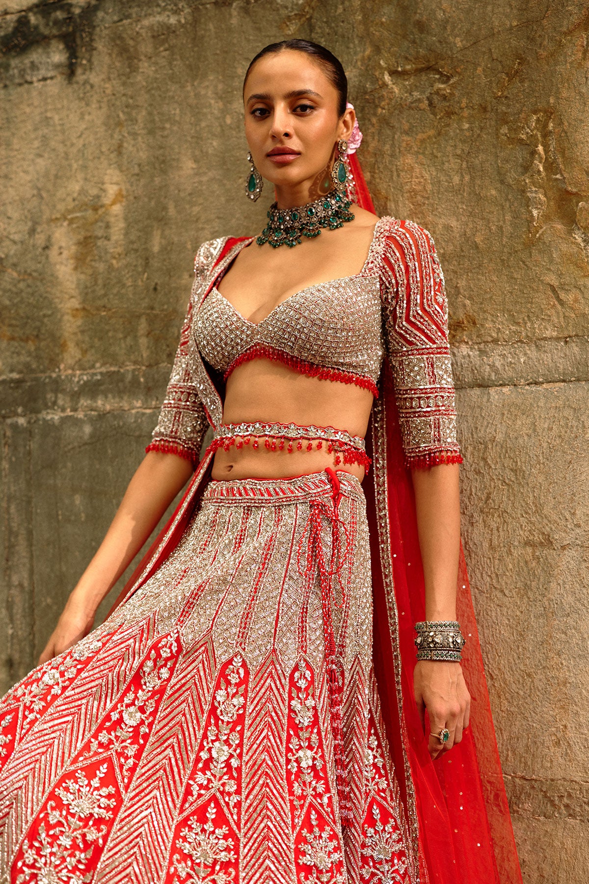 Silver Work Red Lehenga Set
