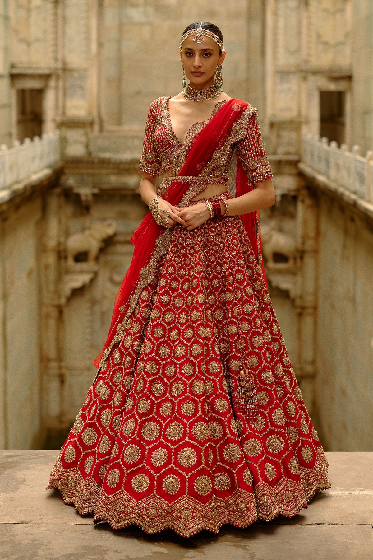 Red Hexagon Raw Silk Lehenga Set