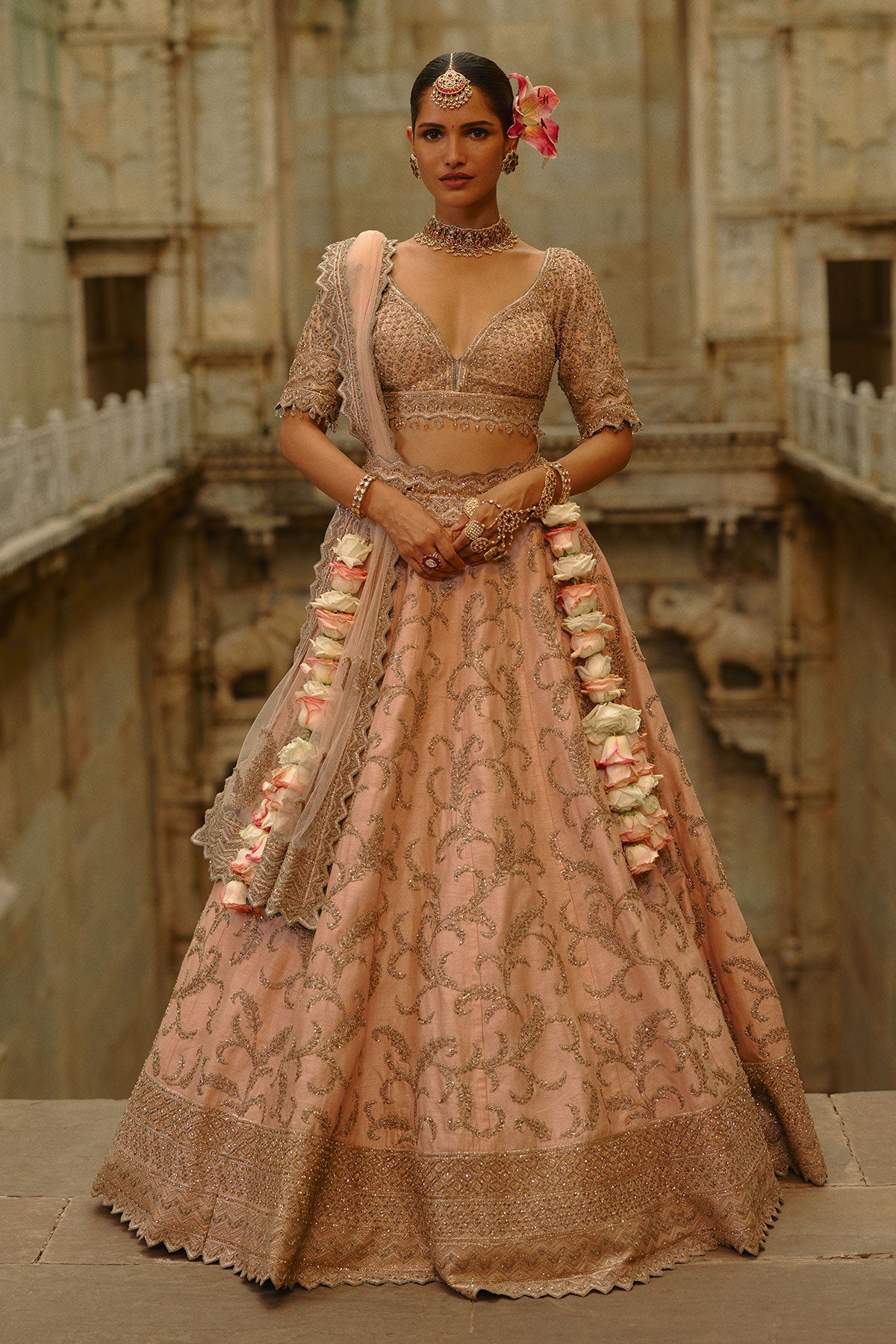 Peach Raw Silk Lehenga Set
