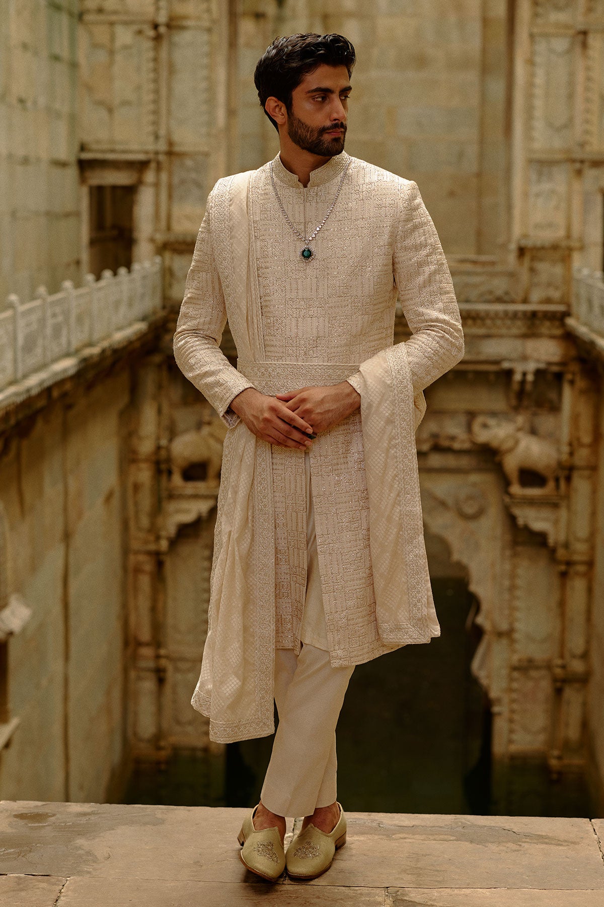 Beige Geometric Embroidered Raw Silk Sherwani Set