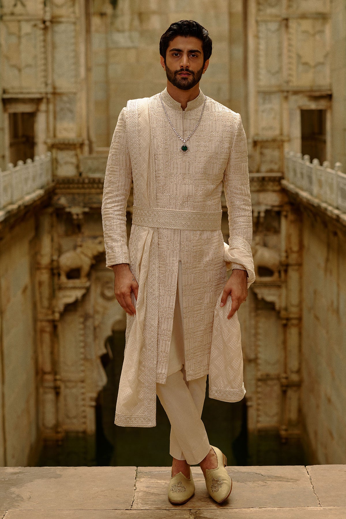 Beige Geometric Embroidered Raw Silk Sherwani Set