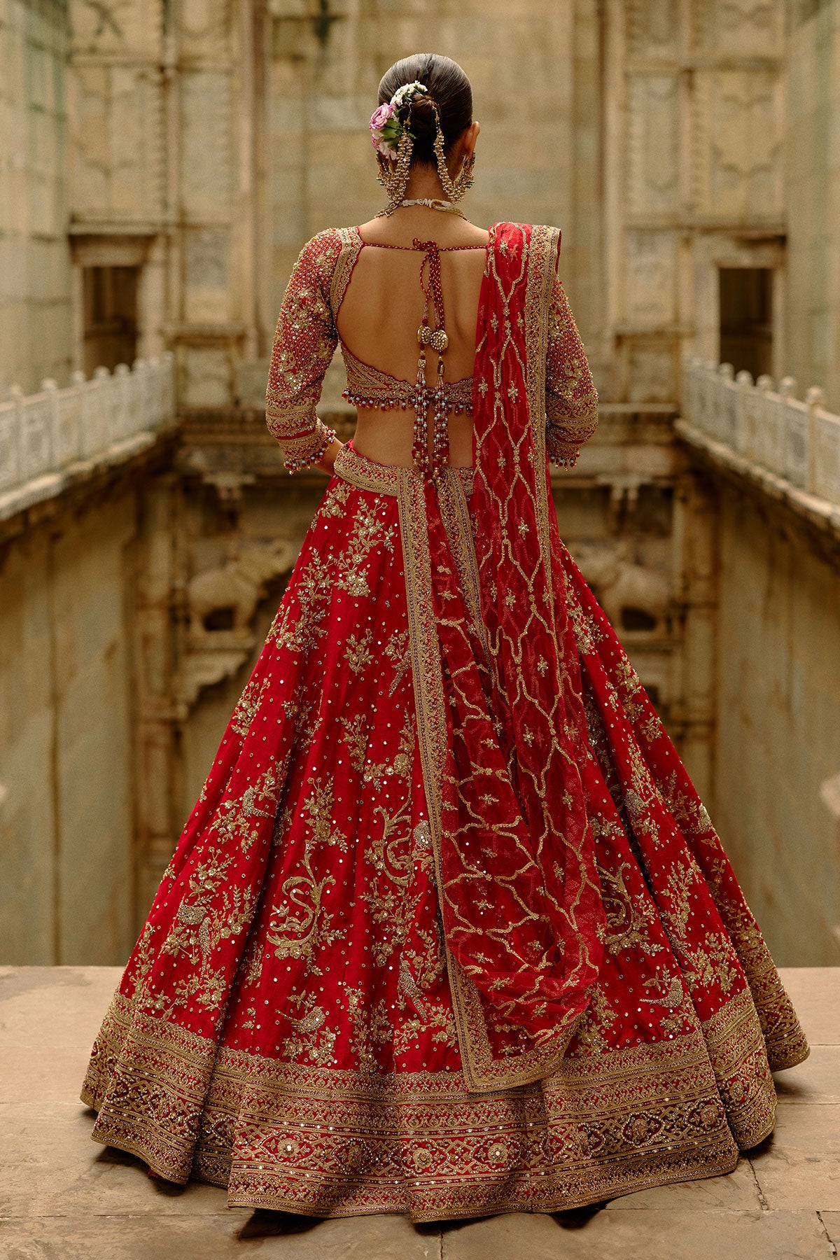 Red Raw Silk Lehenga With Multi-Bead Work
