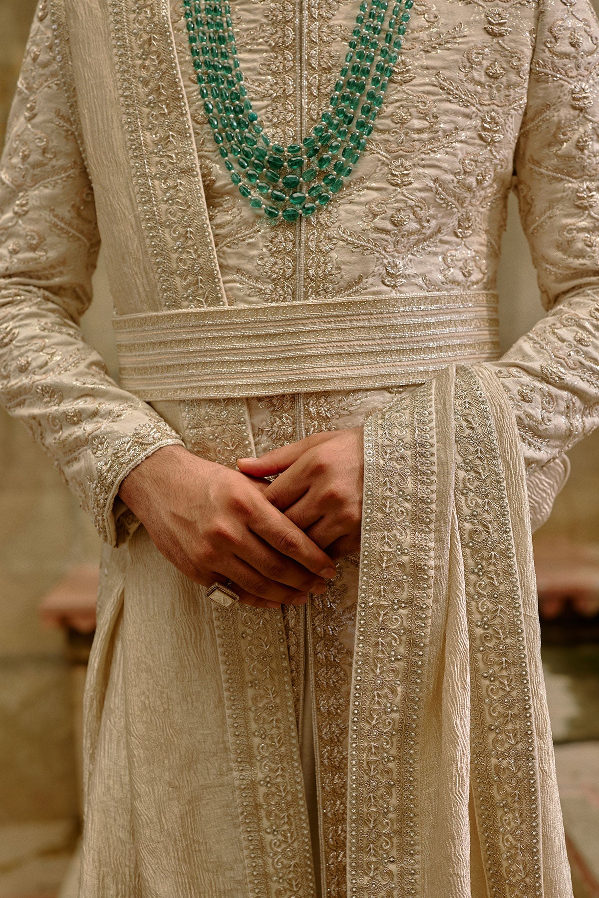 Linen Silk Brocade Zardozi Sherwani Set