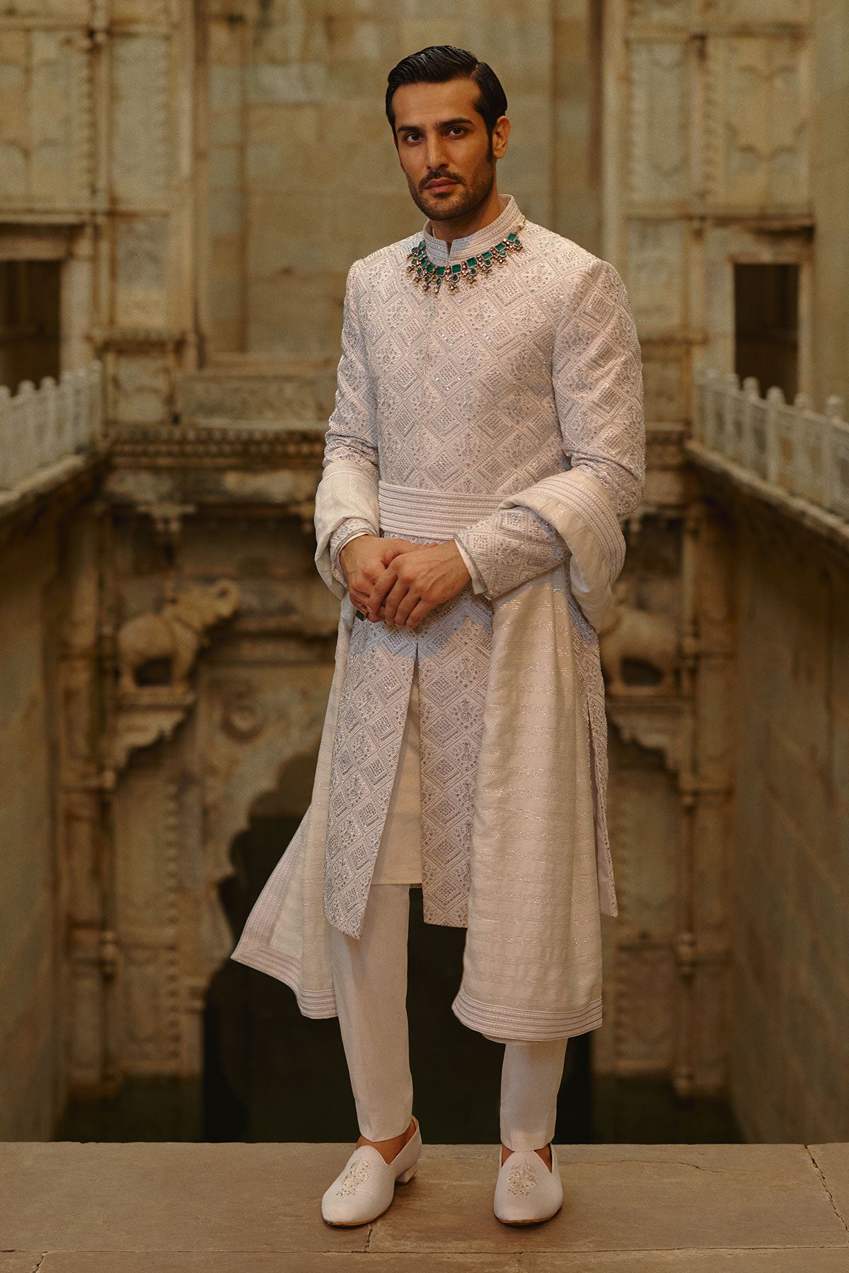 Grey Silver Embroidered Sherwani Set