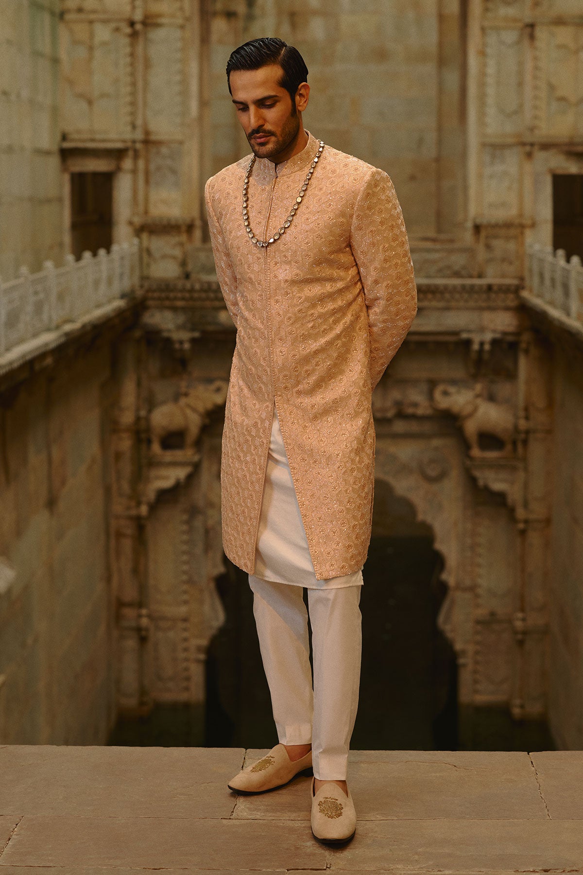 Peach Geometric Sherwani With Kurta & Trouser Set