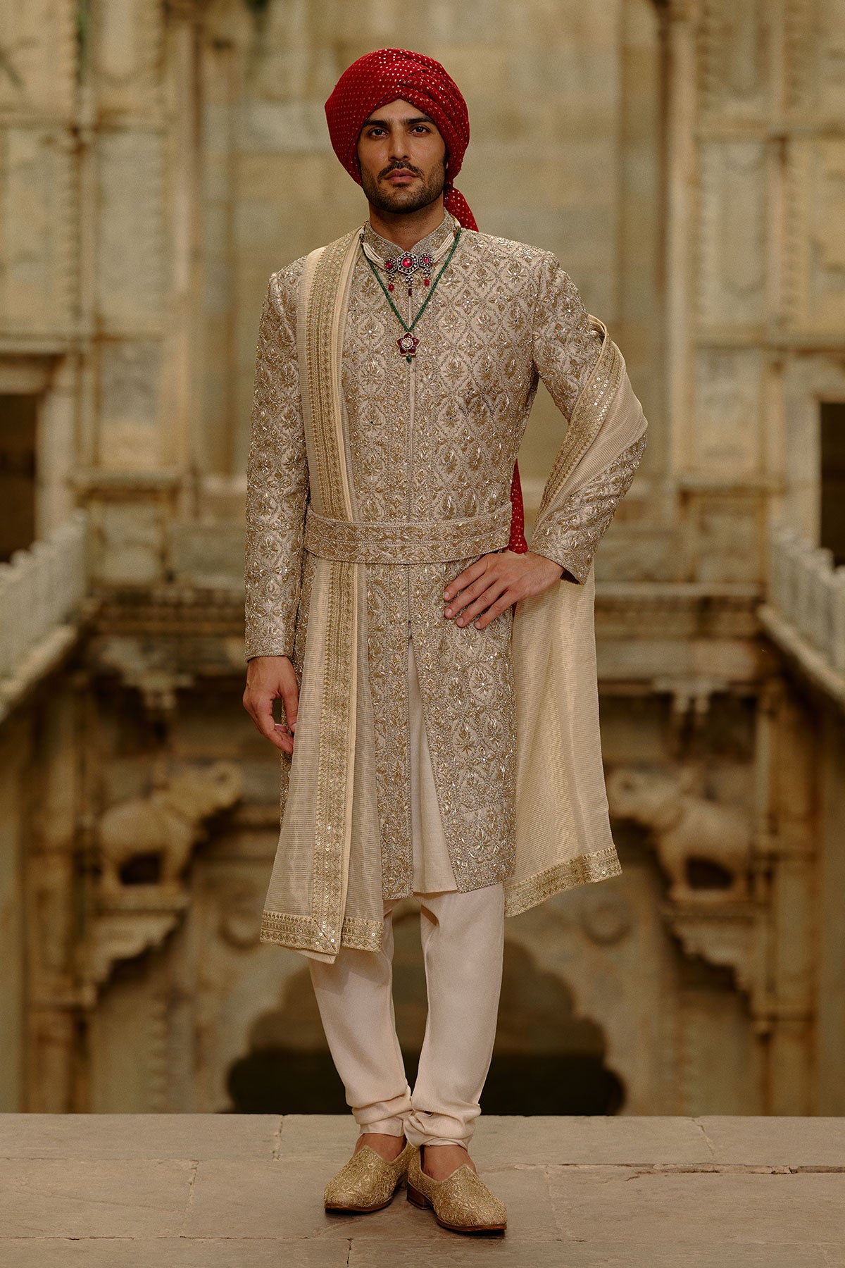 Gold Sherwani Zardozi Embroidery Set