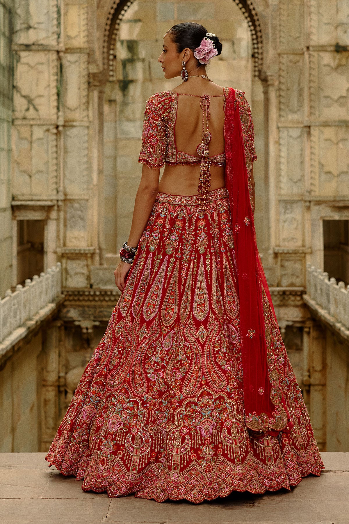 Red Raw Silk Multi-Resham Embroidery Lehenga Set