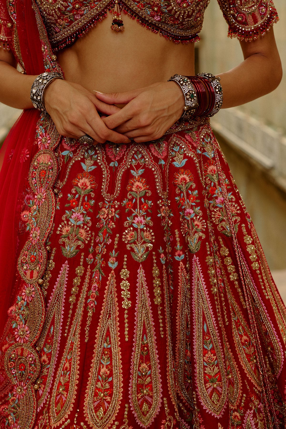 Red Raw Silk Multi-Resham Embroidery Lehenga Set