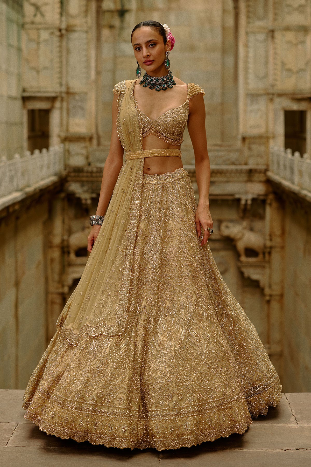 Gold Net Lehenga Set