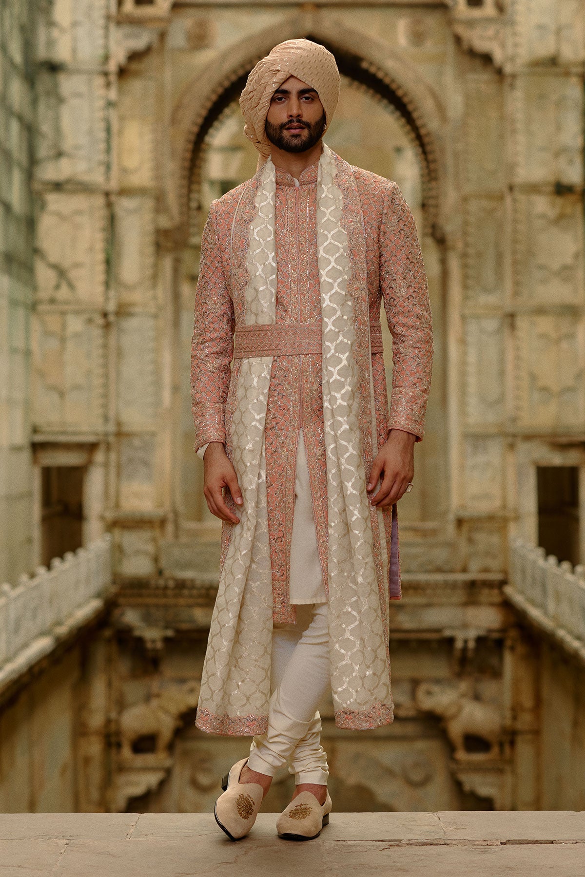 Pink Salmon Matka Sherwani With Beige Kurta Churidar Set