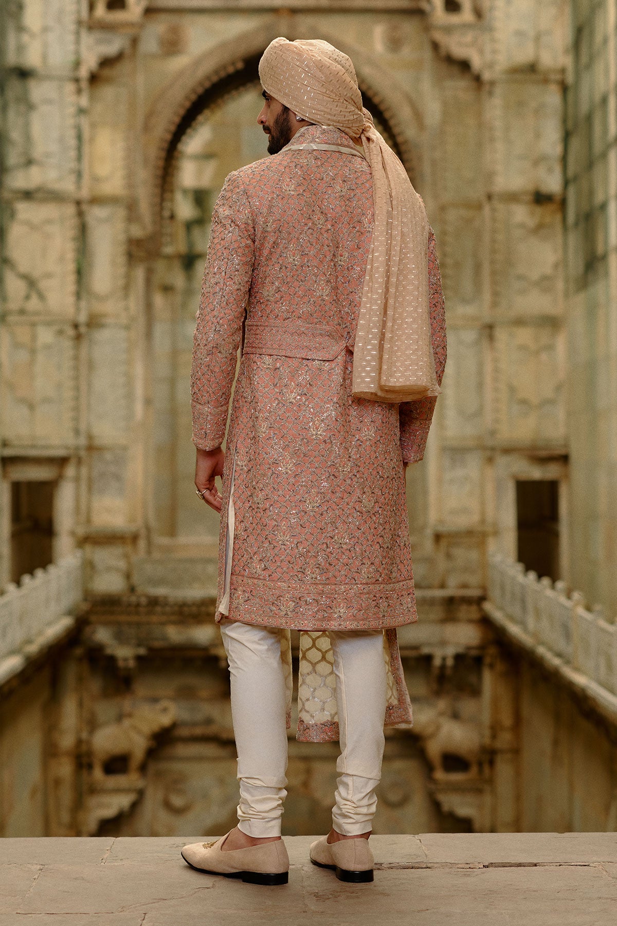 Pink Salmon Matka Sherwani With Beige Kurta Churidar Set