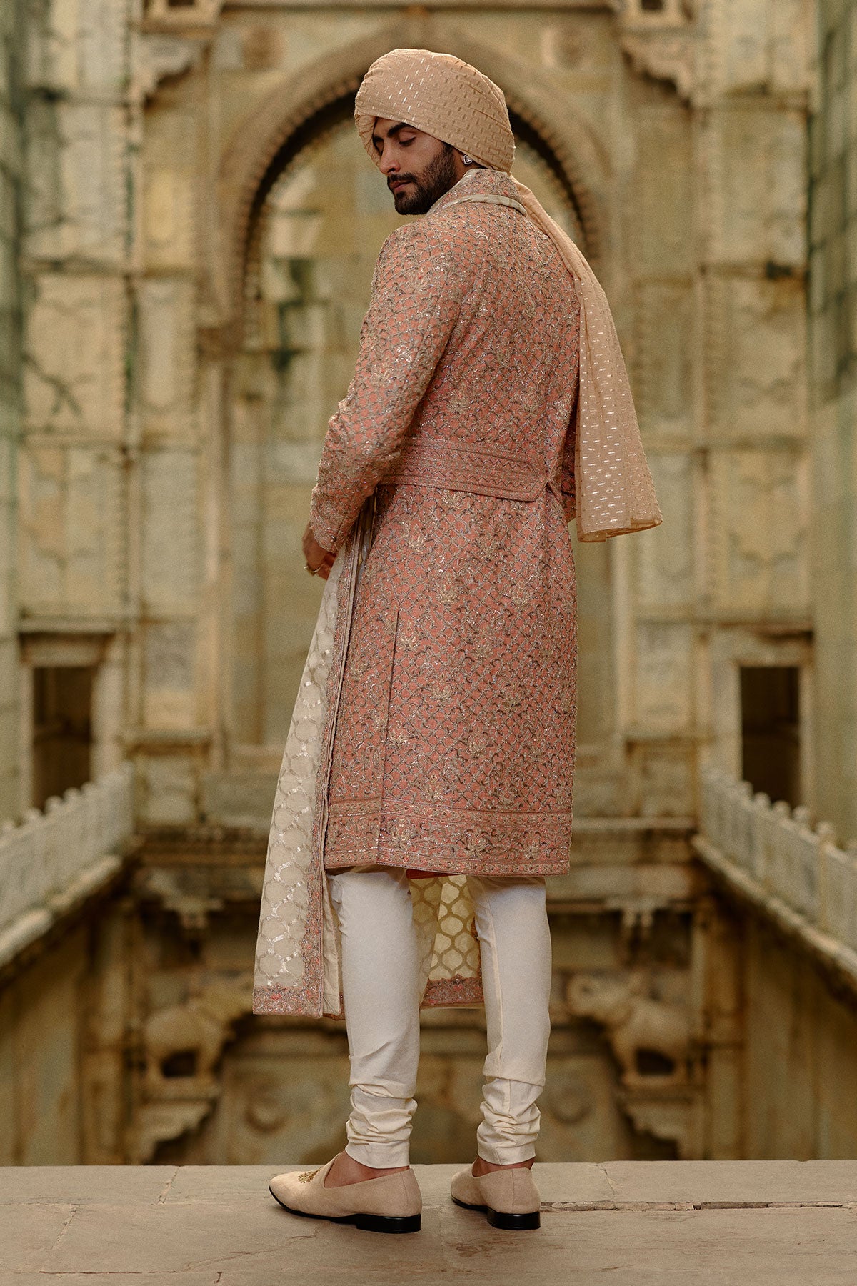 Pink Salmon Matka Sherwani With Beige Kurta Churidar Set