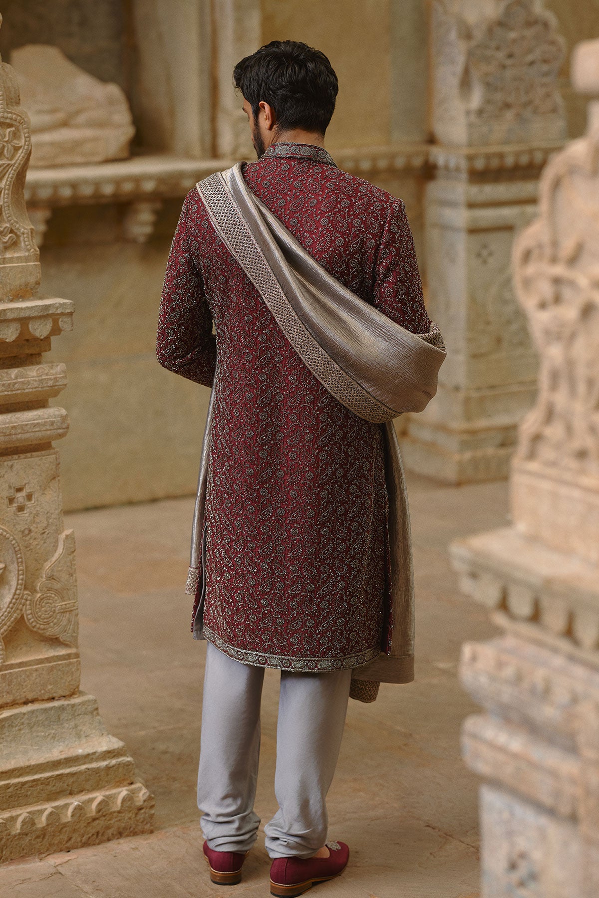 Burgundy Raw Silk Sherwani Set
