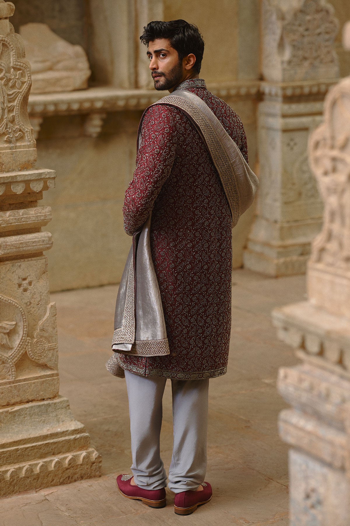 Burgundy Raw Silk Sherwani Set
