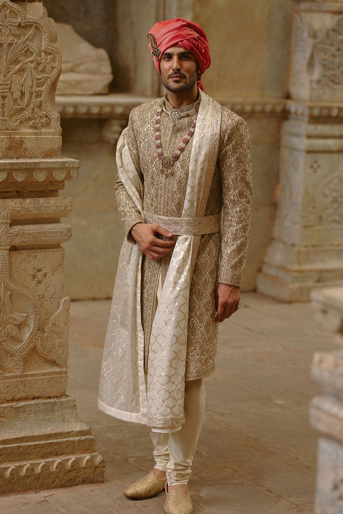 Gold Twill Woven Sherwani Gold Embroidery